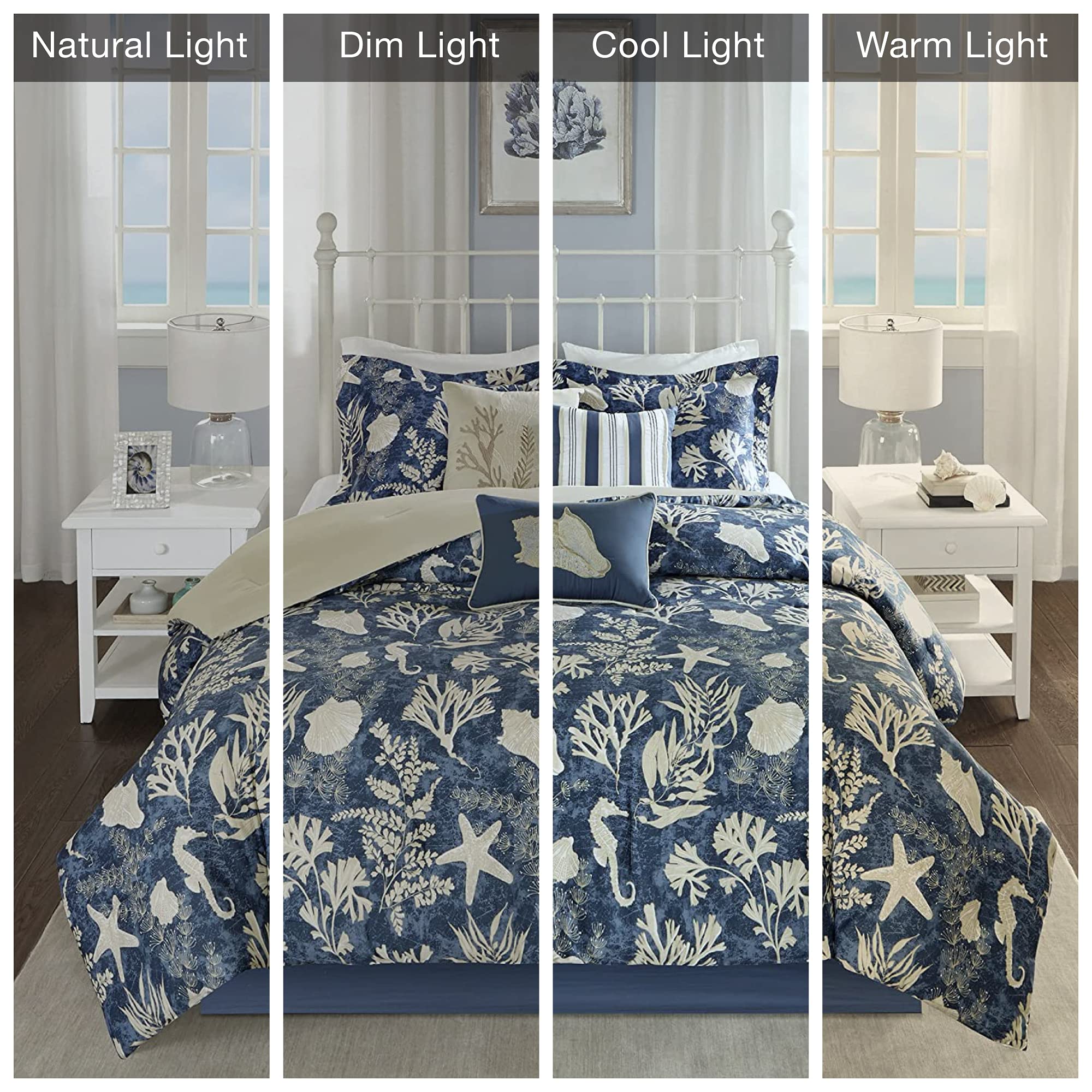 Madison Park 100% Cotton Comforter Set-Coastal Coral, Starfish Design All Season Down Alternative Cozy Bedding With Matching Shams, California King (104 In X 92 In), Blue 7 Piece