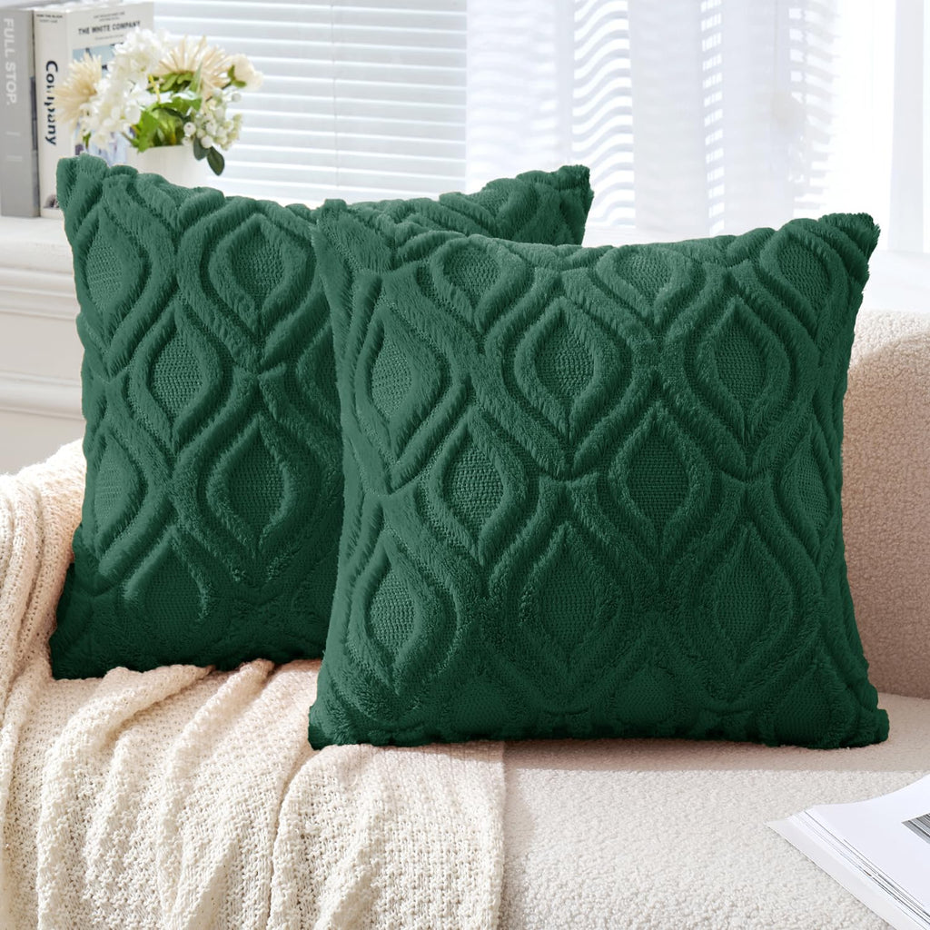 Miulee Dark Green Throw Pillow Covers 18X18 Inch, Soft Winter Plush Faux Wool Couch Pillow Covers Set Of 2 Decorative Farmhouse Boho Throw Pillows For Sofa Living Room Bed