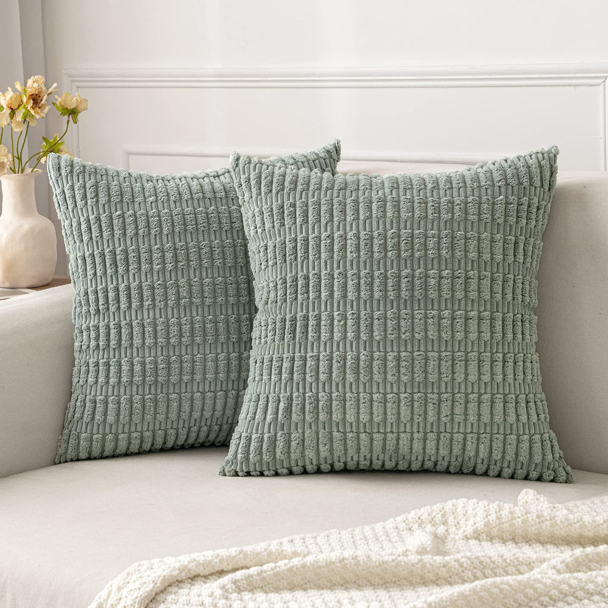 Miulee Pack Of 2 Corduroy Decorative Throw Pillow Covers 18X18 Inch Soft Boho Striped Pillow Covers Spring Modern Farmhouse Home