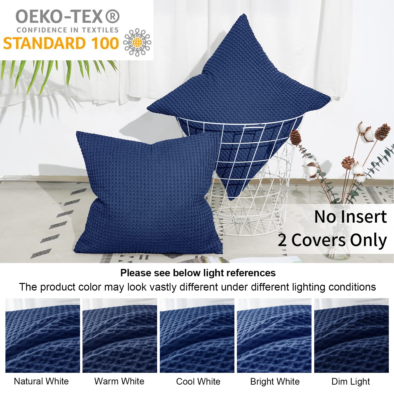 Phf 100% Cotton Waffle Weave Throw Pillow Cover, 22' X 22', No Insert, 2 Pack Square Pillowcases Shell, Elegant Home Decorative Throw Pillow Covers For Bed Couch Sofa, Navy Blue
