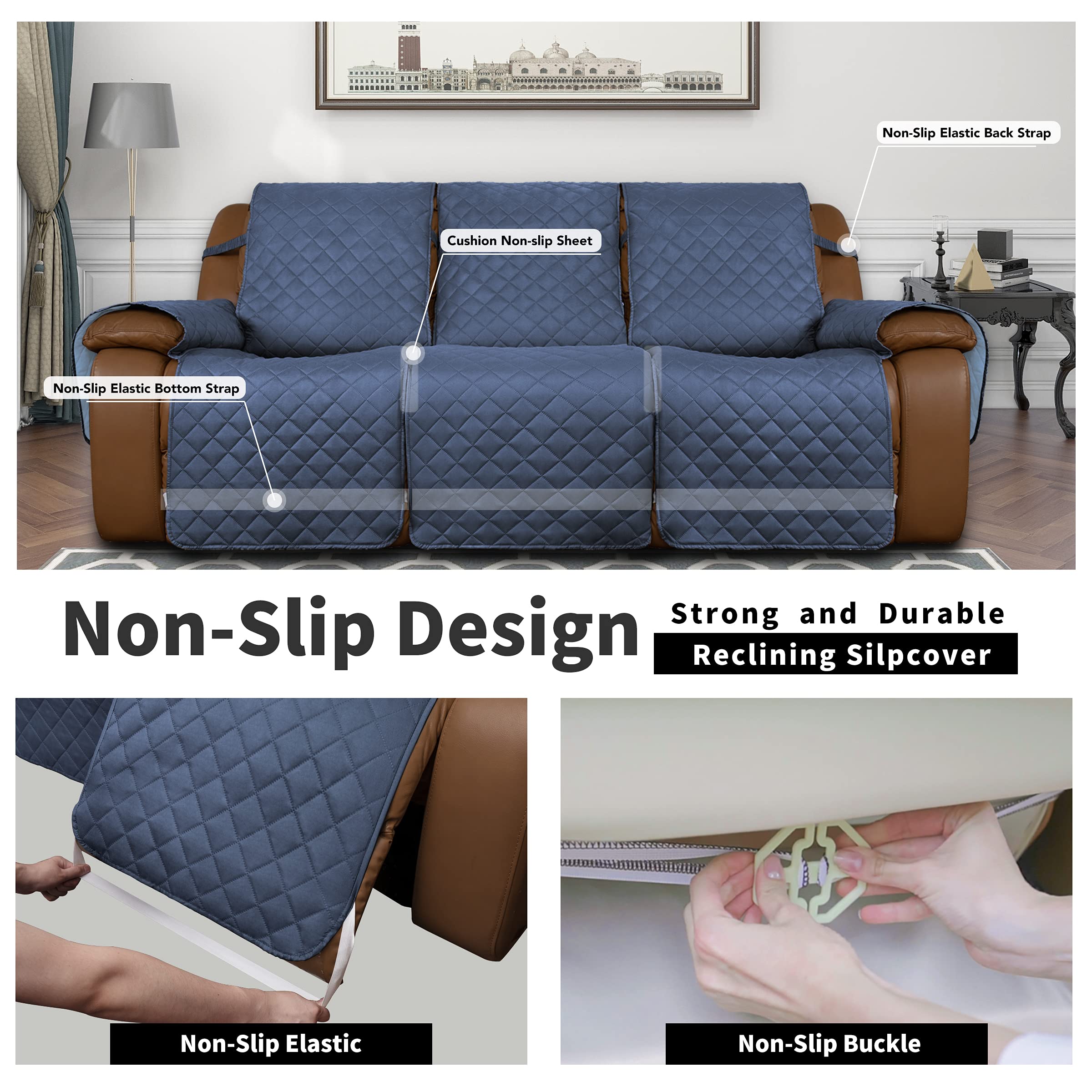 Easy-Going Recliner Sofa Cover, Reversible Couch Cover For 3 Seat Recliner, Split Sofa Cover For Each Seat, Furniture Protector With Elastic Straps For Kids, Dogs, Pet(3 Seater, Dark Blue/Light Blue)