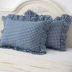 Navy Blue/White Plaid Pillow Shams Standard Size Set Of 2,Shabby Checkered Ruffle Pillow Cover Washed Cotton Pillowcases 20''X26