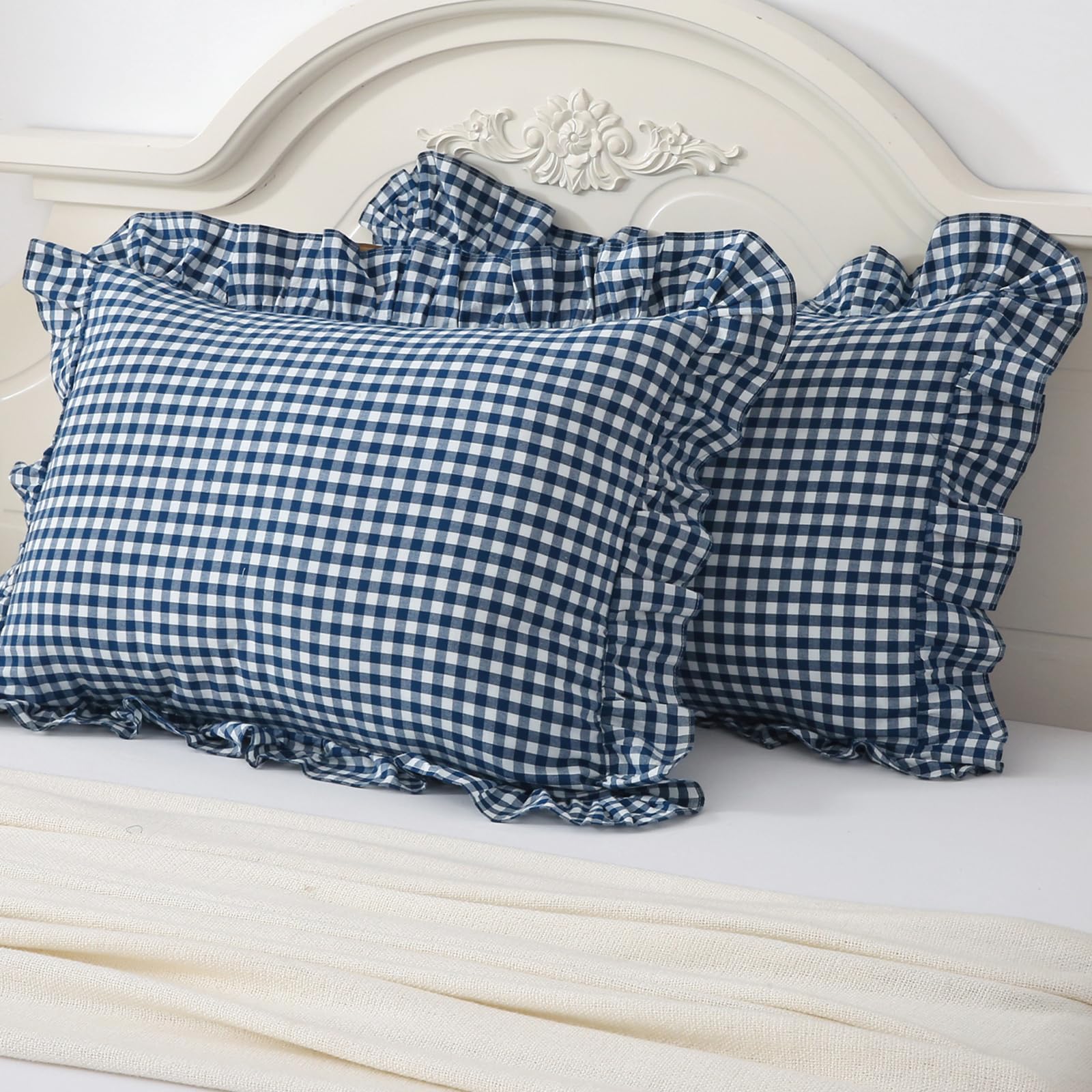 Navy Blue/White Plaid Pillow Shams Standard Size Set Of 2,Shabby Checkered Ruffle Pillow Cover Washed Cotton Pillowcases 20''X26