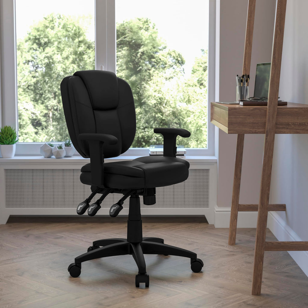 Flash Furniture Caroline Mid-Back Black Leathersoft Multifunction Swivel Ergonomic Task Office Chair With Pillow Top Cushioning And Arms