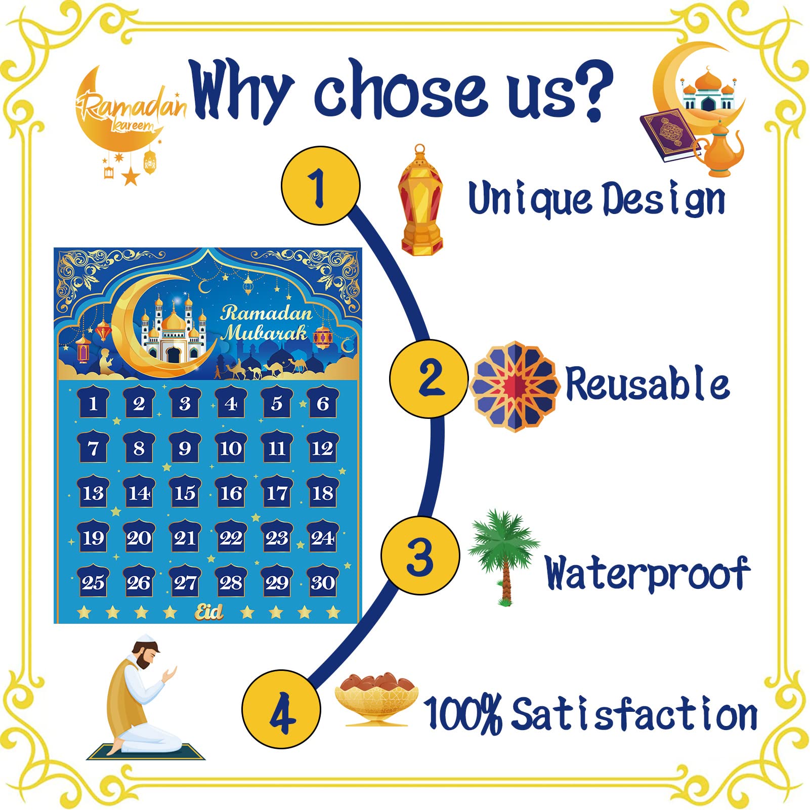 Howaf Ramadan Calendar, Eid Mubarak Calendar Countdown 2024 For Eid Party Supplies, Ramadan Advent Calendar Poster With 30 Count