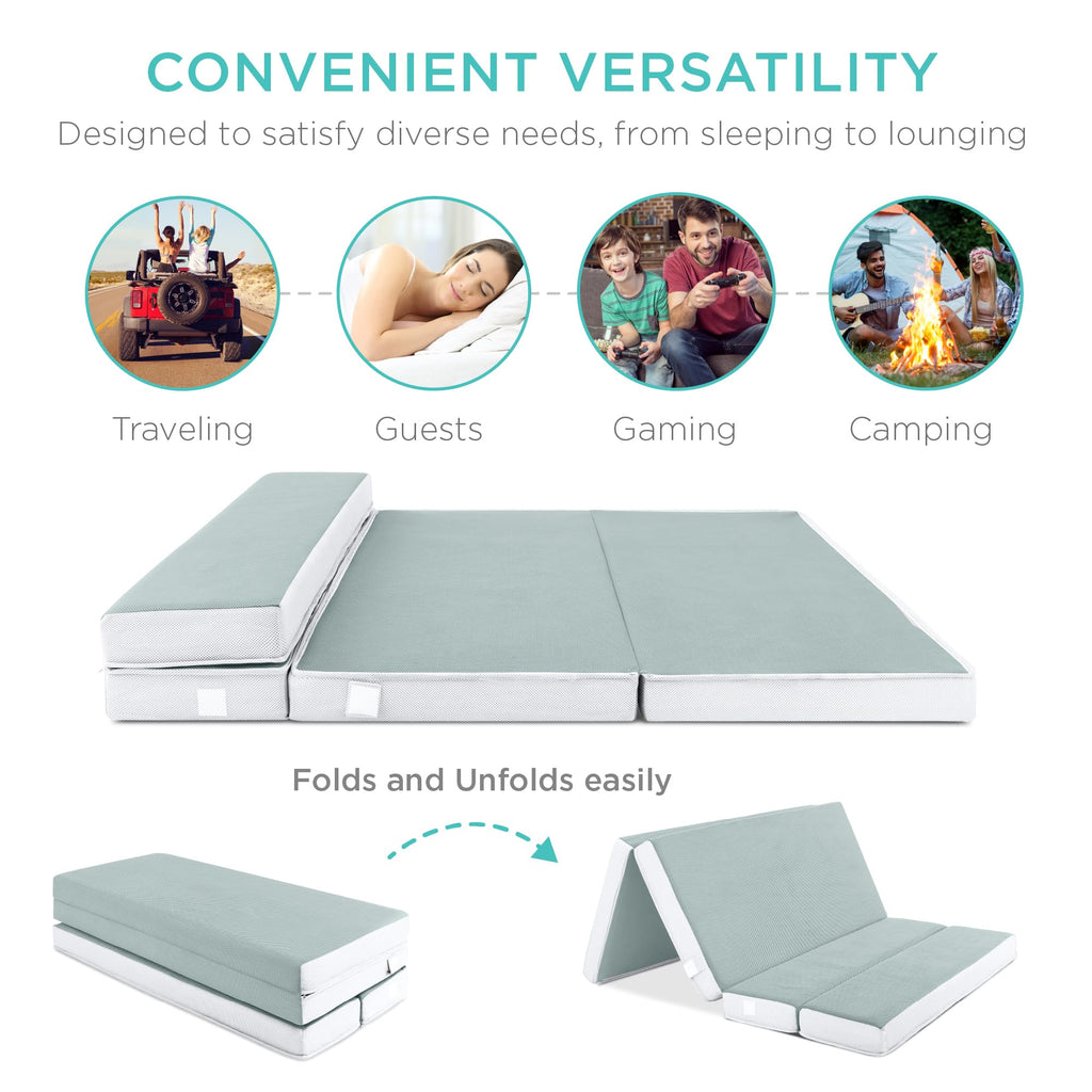Best Choice Products 4In Portable Full-Size Mattress, Folding Mattress Topper For Camping, Guest, Toddler, Foam Plush W/Carry Case - Seafoam