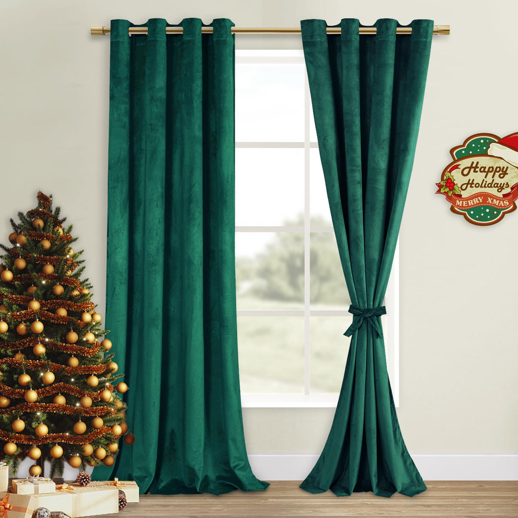 DWCN Dark Green Blackout Velvet Curtains 84 Inches- Refresh Bundleable Heavy Duty Thermal Insulated Christmas Decor Window Panel