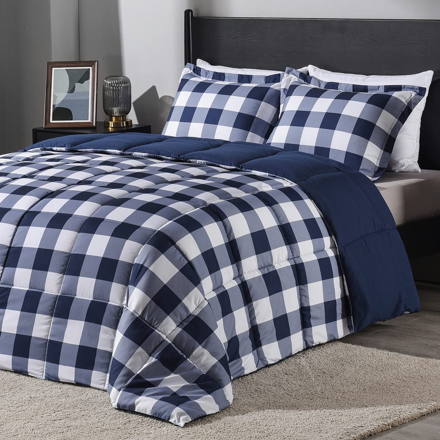 Downluxe Lightweight Plaid Comforter Set (Queen) With 2 Pillow Shams - 3-Piece Set - Blue/White Plaid - Down Alternative Reversi