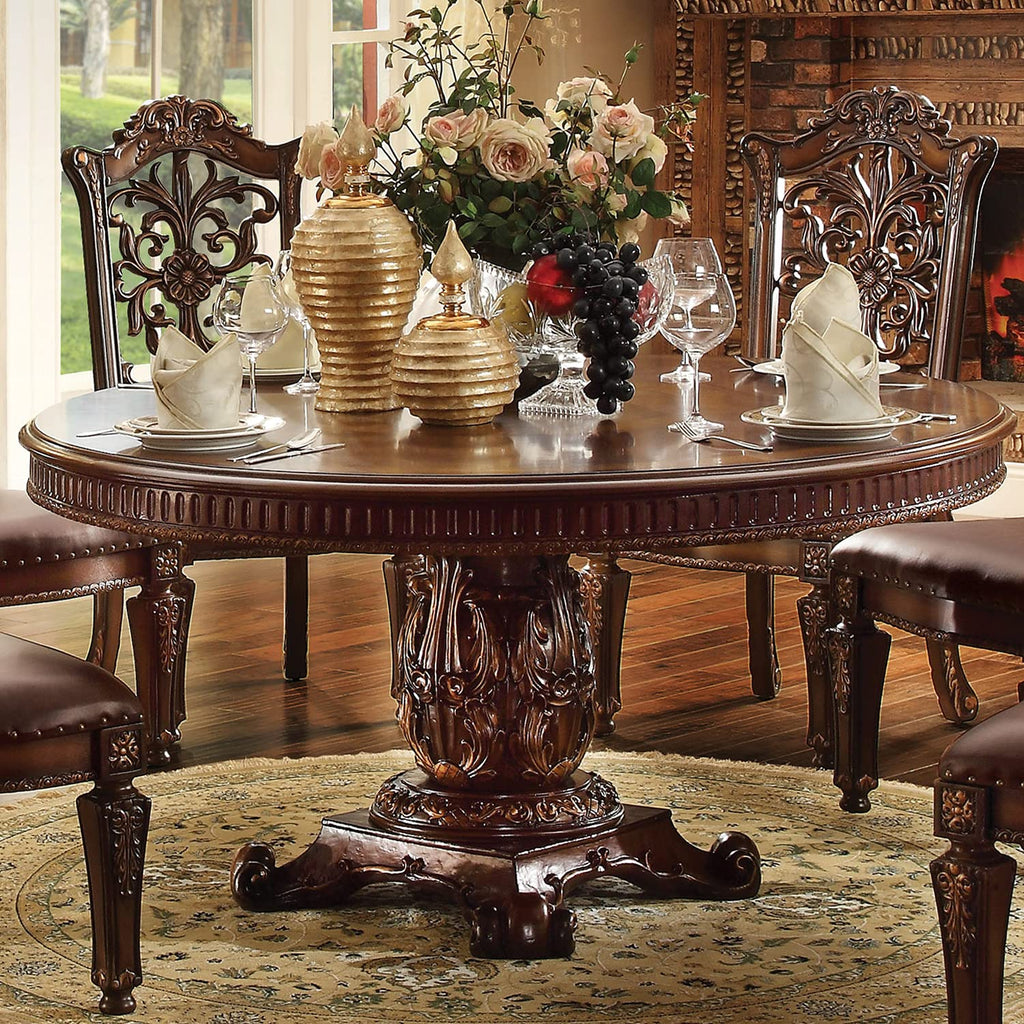 HomeRoots Cherry Wood, Poly Resin, Veneer (Wood) Round Wooden top Dining Table with Single Carved Pedestal
