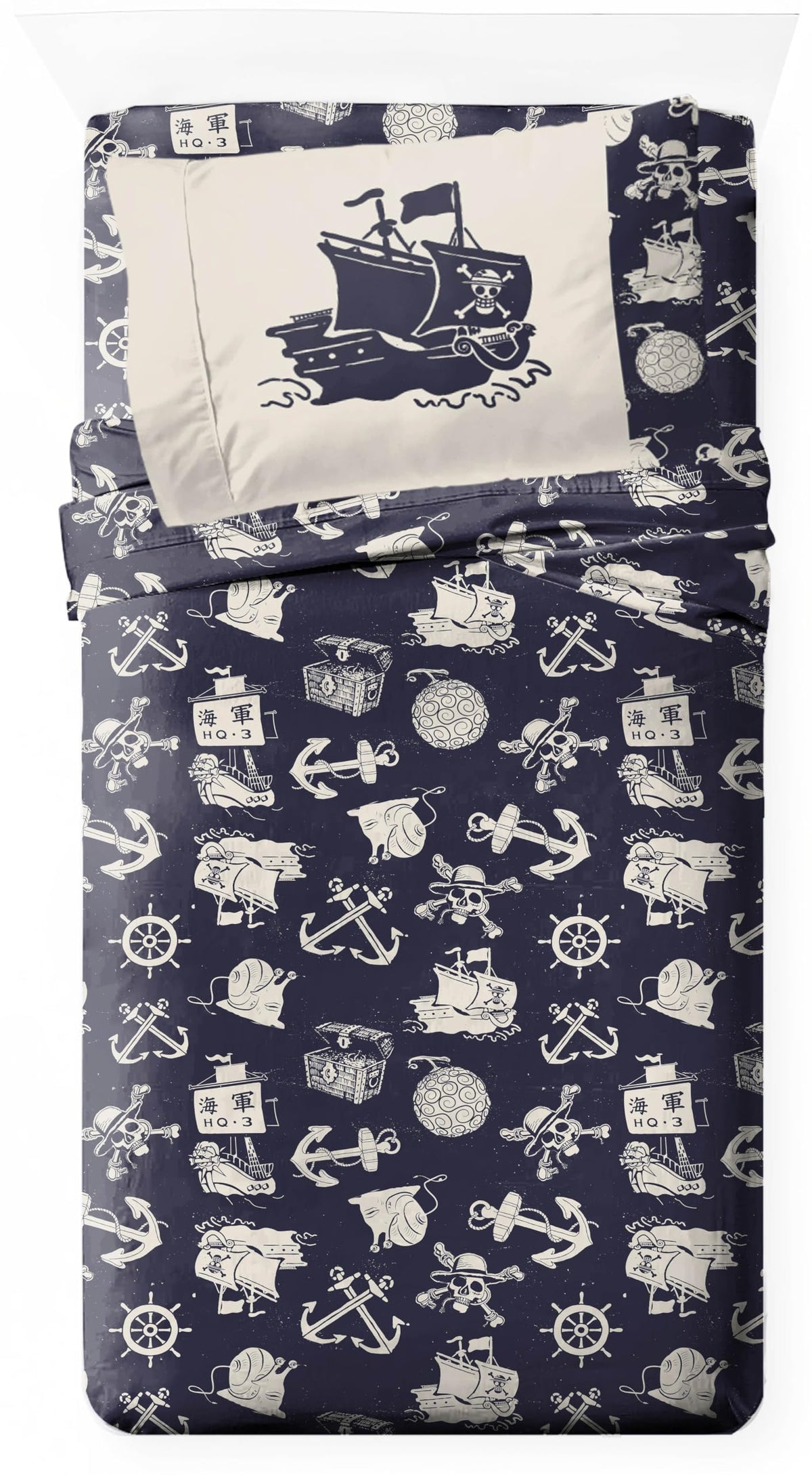 Jay Franco One Piece Twin Size Sheet Set  3 Piece Anime Nautical Bedding Set Includes Pillow Cover  Super Soft Blue Microfiber