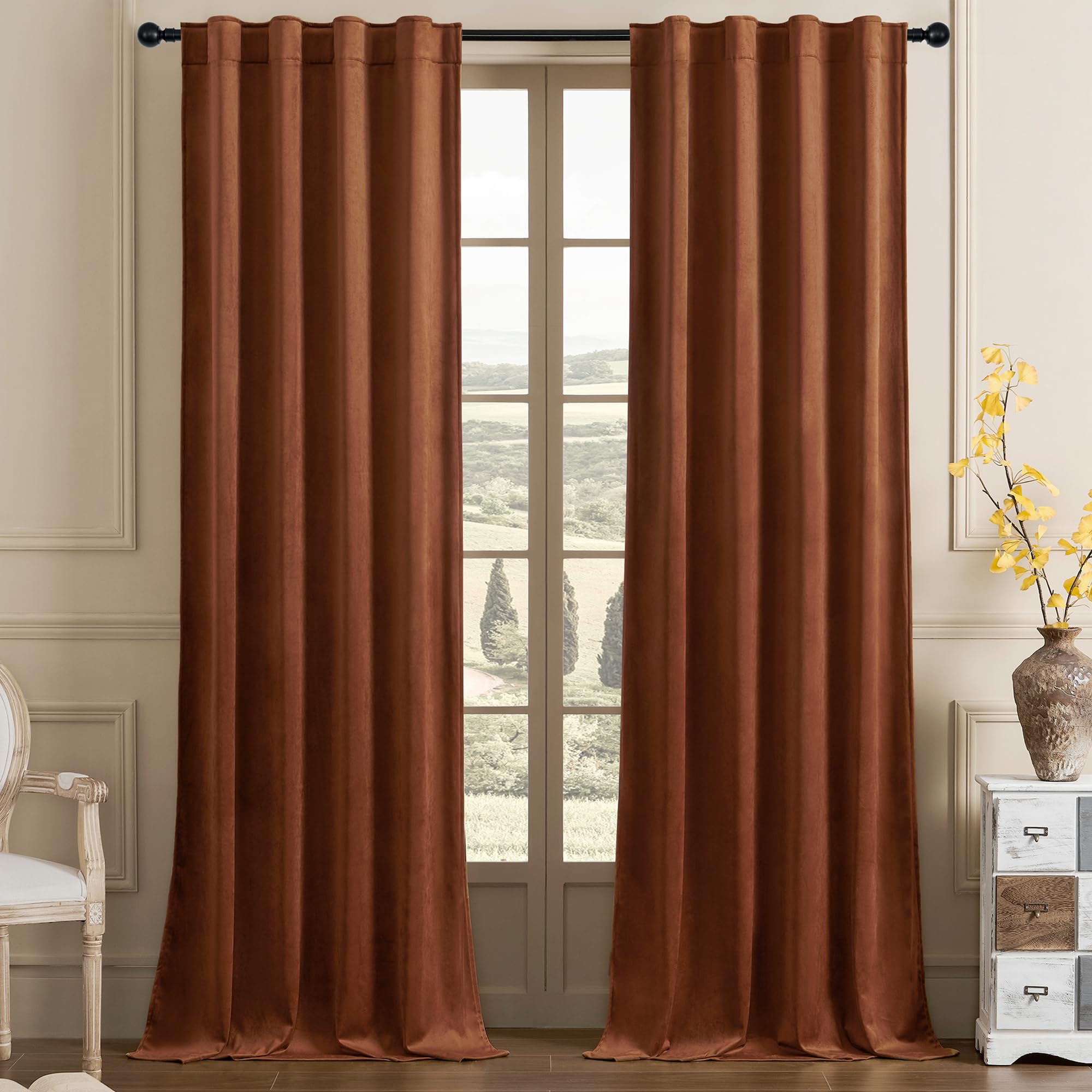 Timeper 42 Inches Wide Burnt Orange Blackout Velvet Curtains Smooth Durable Room Darkening Privacy Window Treatment For Living R