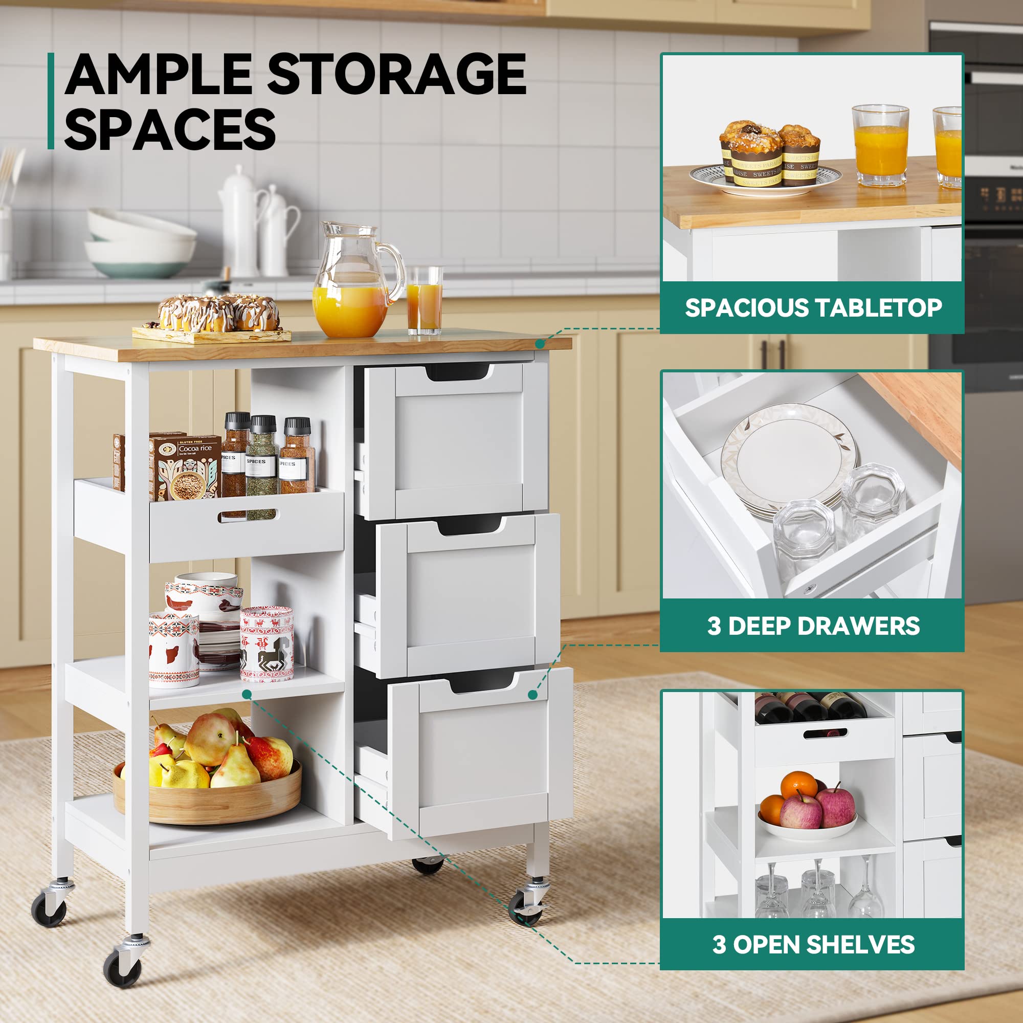 Yitahome Small Solid Wood Top Kitchen Island Cart On Wheels With Storage, Rolling Portable Dining Room Serving Utility Carts Mobile Movable With 3 Drawers Cabinet, Oak & White