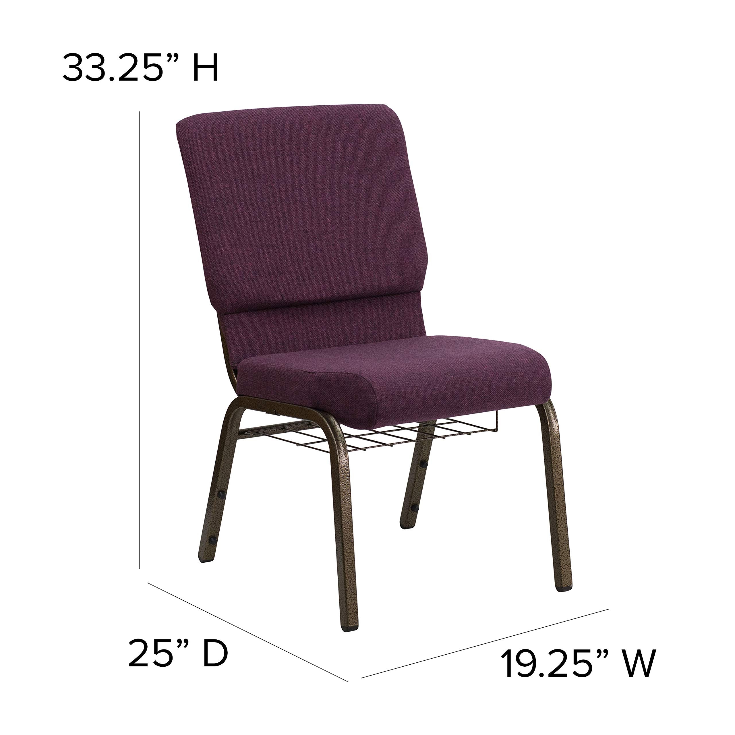 Flash Furniture HERCULES Series 18.5''W Church Chair in Plum Fabric with Cup Book Rack - Gold Vein Frame