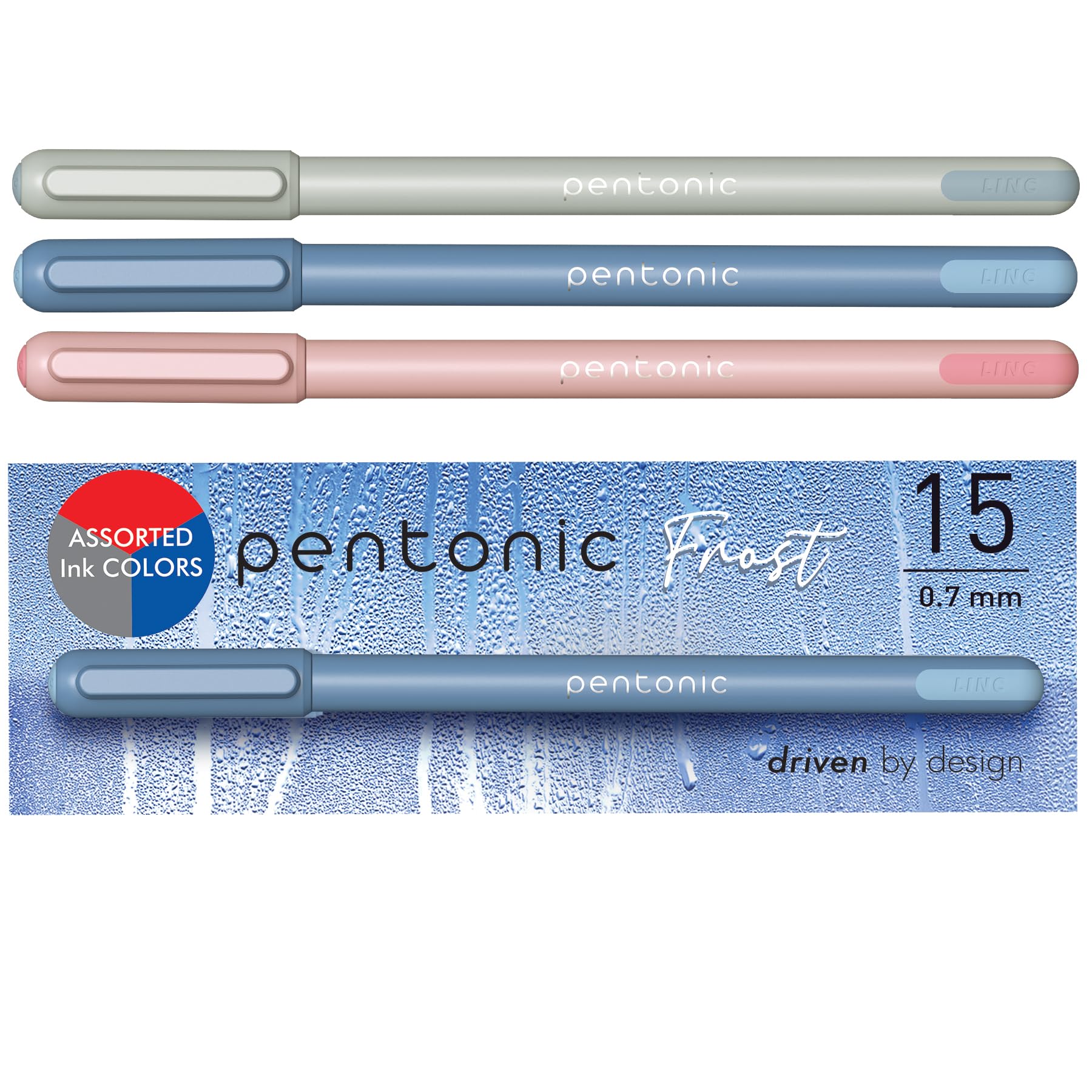 Pentonic Ballpoint Pens, 15 Count, Gray, Blue & Pink Barrels, Black, Blue & Red Ink, 0.7 Mm Fine Point, Smooth Writing For Note
