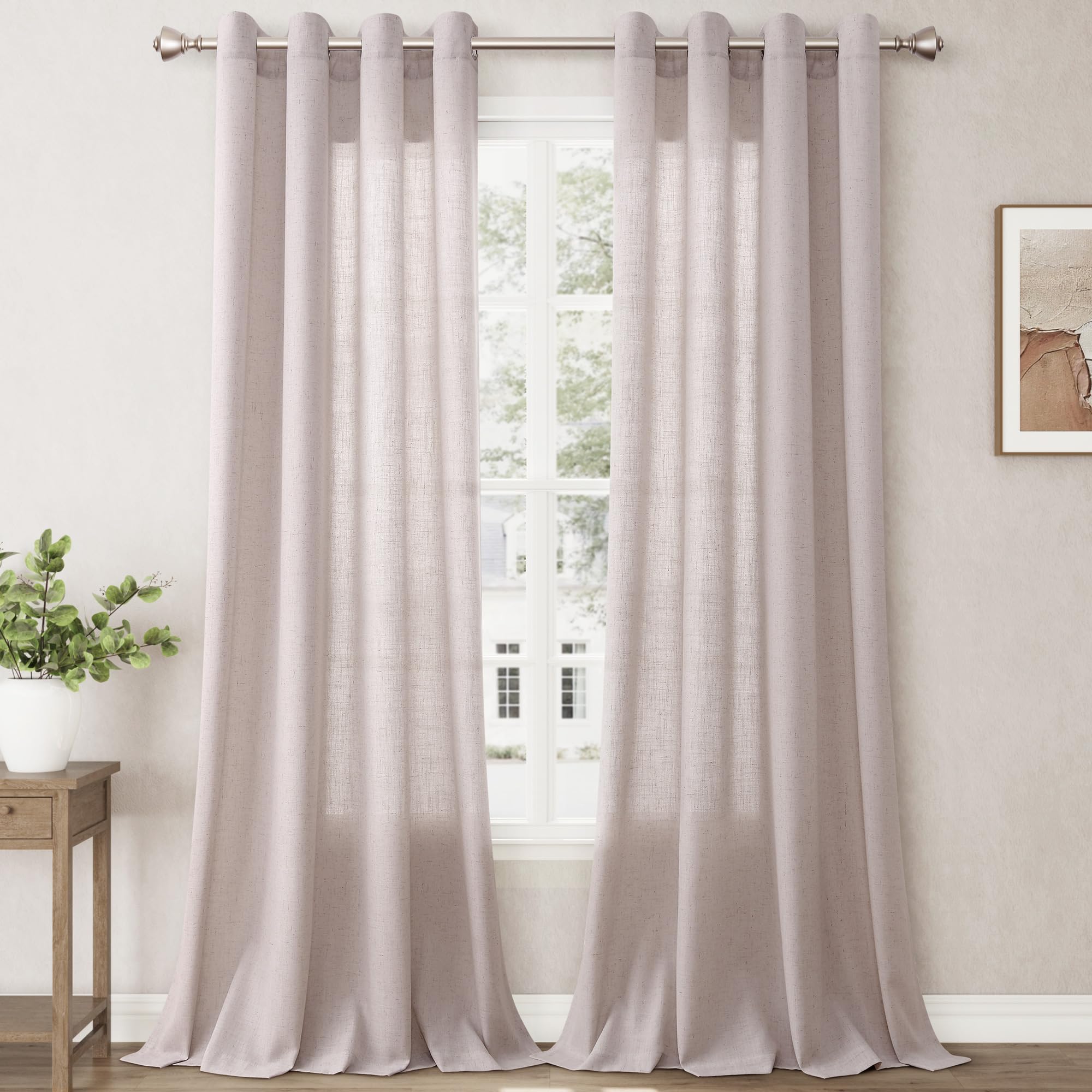 Nanspring Champagne Linen Curtains 108 Inch Length 2 Panel Set For Living Room Grommet Light Filtering Semi Sheer Curtains Farmh