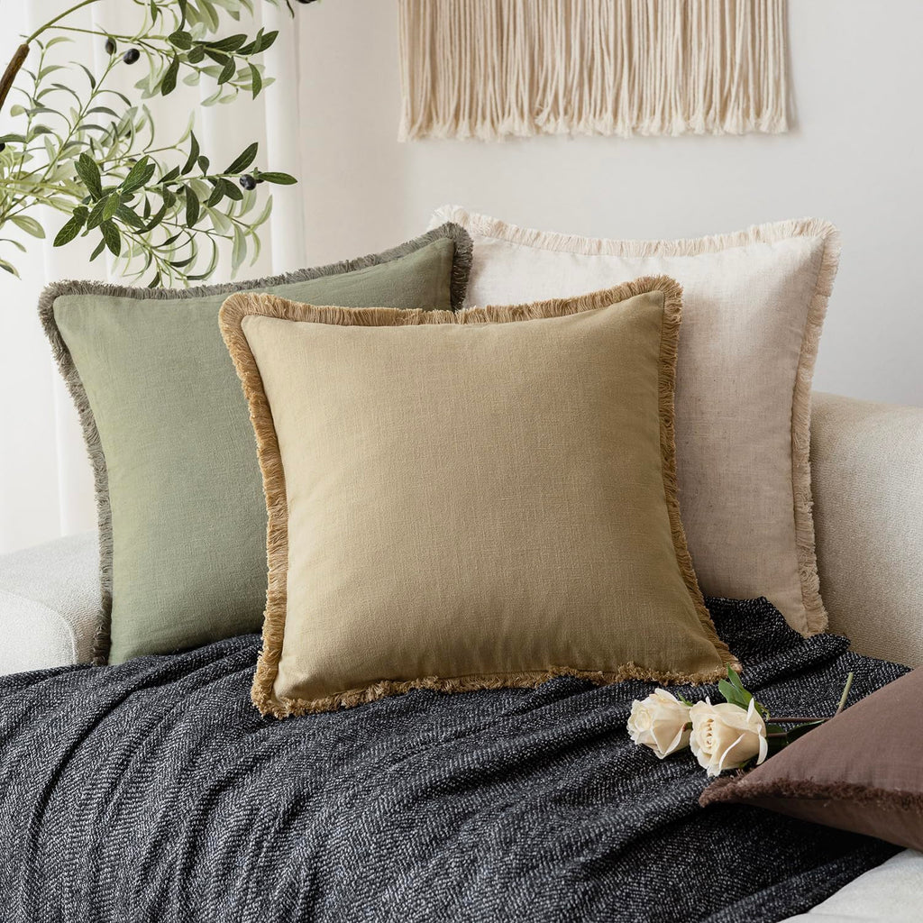 Foindtower Decorative Linen Fringe Lumbar Throw Pillow Covers Boho Farmhouse Cushion Cover With Tassel Soft Accent Pillowcase Fo