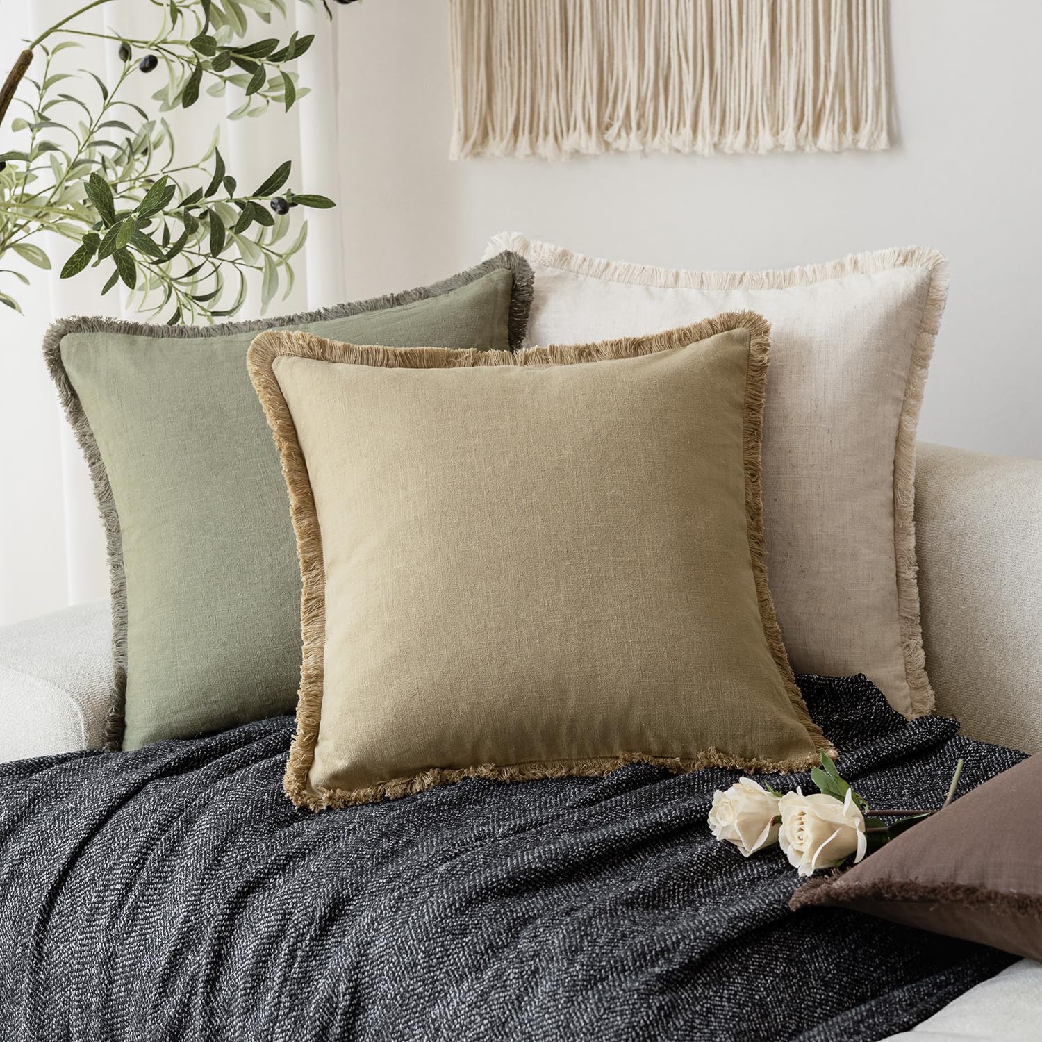 Foindtower Decorative Linen Fringe Lumbar Throw Pillow Covers Boho Farmhouse Cushion Cover With Tassel Soft Accent Pillowcase Fo