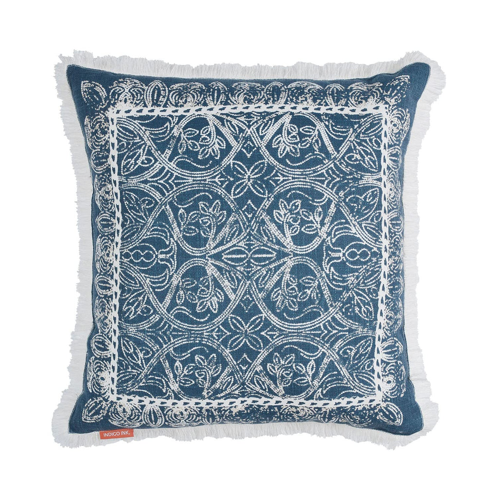 Indigo Ink - Decorative Pillow, Medallion Pillow With Fringe, Throw Pillows For Couch Or Bed, Boho Home Decor, 20' X 20' (Whit