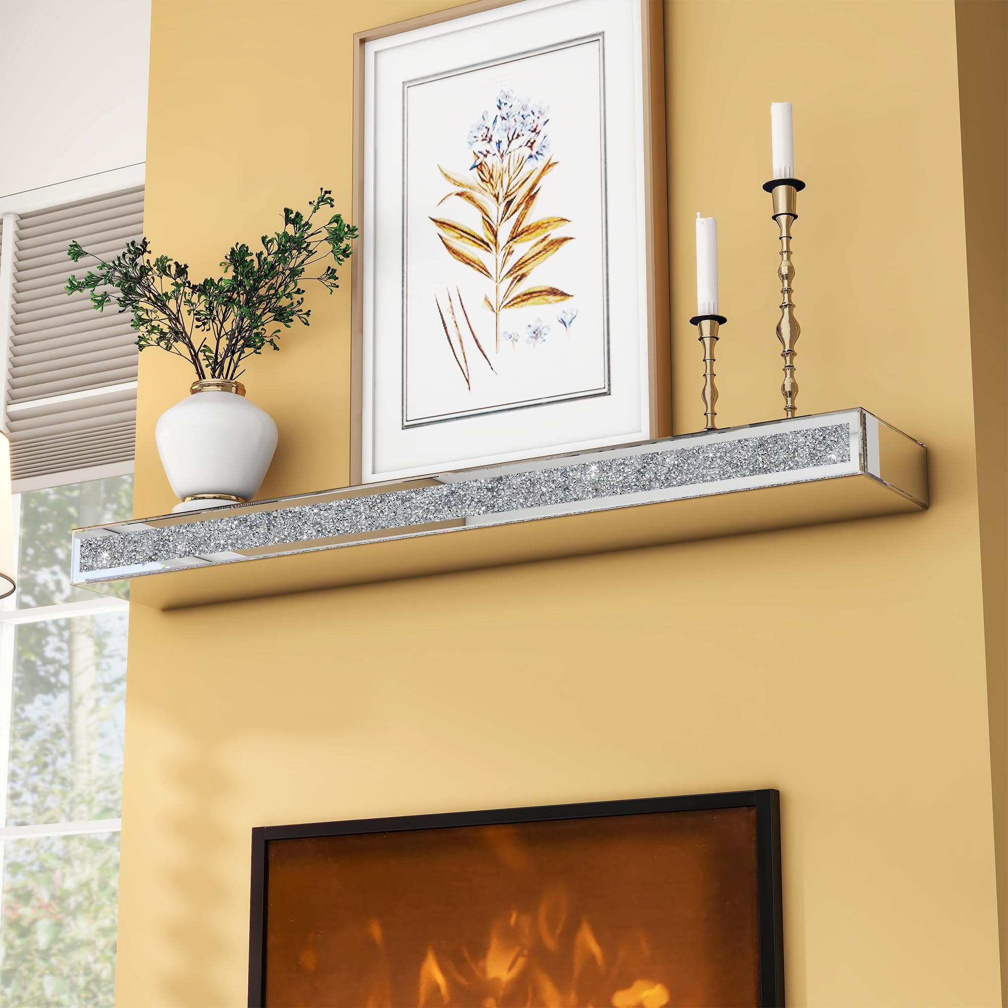 blingworld Mirrored Fireplace Mantel 60 Inches, Handcrafted Glass Mantles for Over Fireplace, Crystal Crushed Diamond Fireplace 