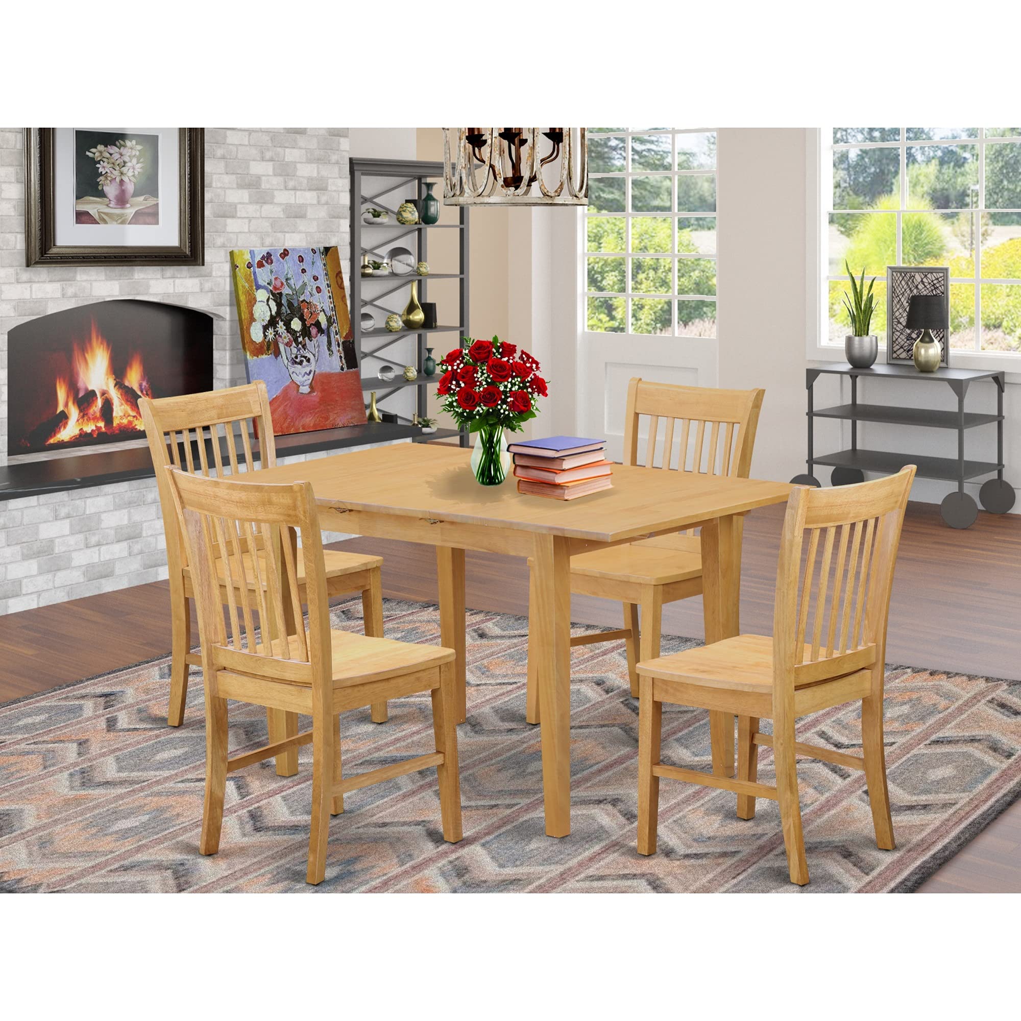 East West Furniture NOFK5-OAK-W 5 Piece Set for 4 Includes a Rectangle Kitchen Table with Butterfly Leaf and 4 Dining Room Chairs, 32x54 Inch