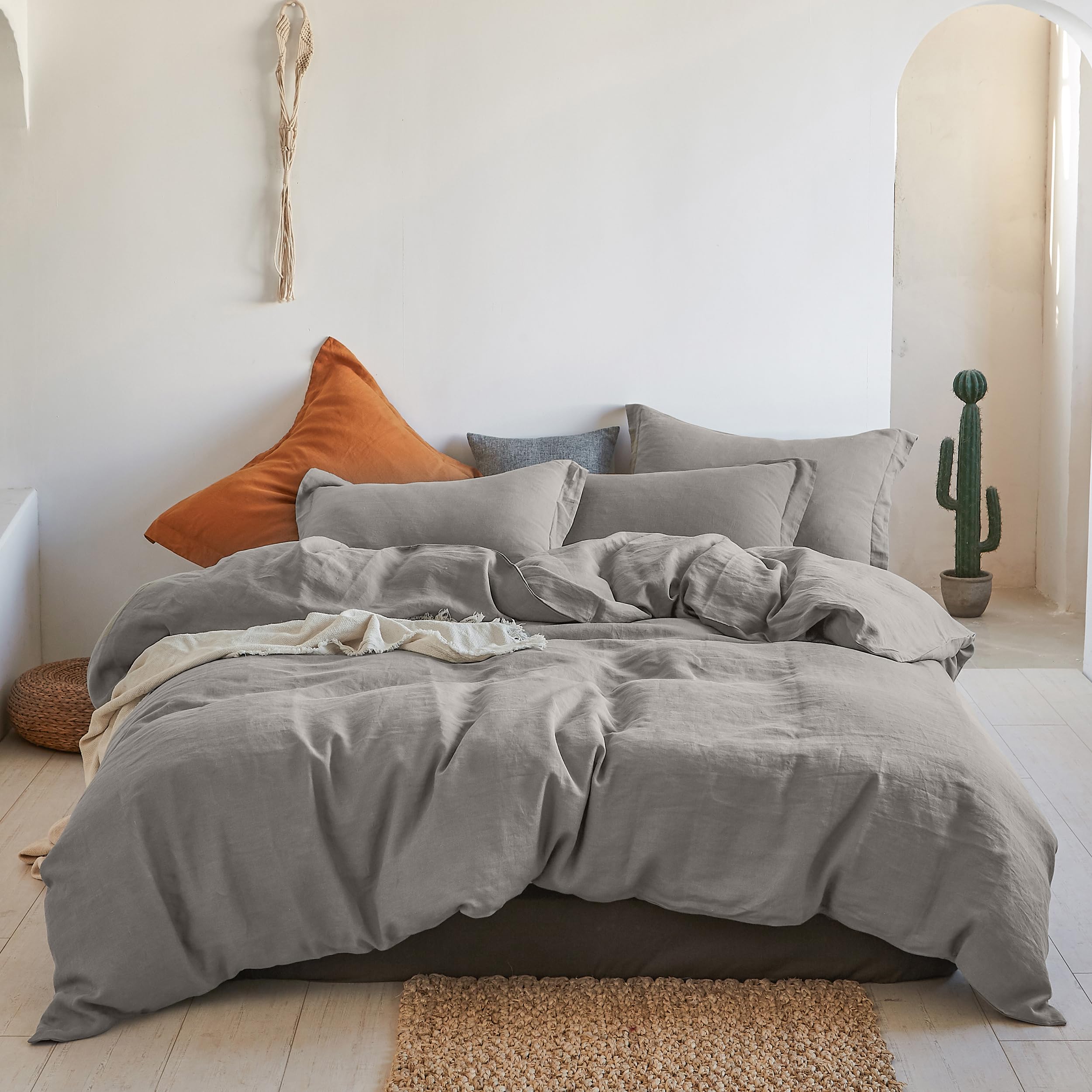 Simple&Opulence 100% Linen Duvet Cover Set 2Pcs Basic Style Natural French Washed Flax Solid Color Soft Breathable Farmhouse Bedding With Button Closure - Dove Grey, Twin