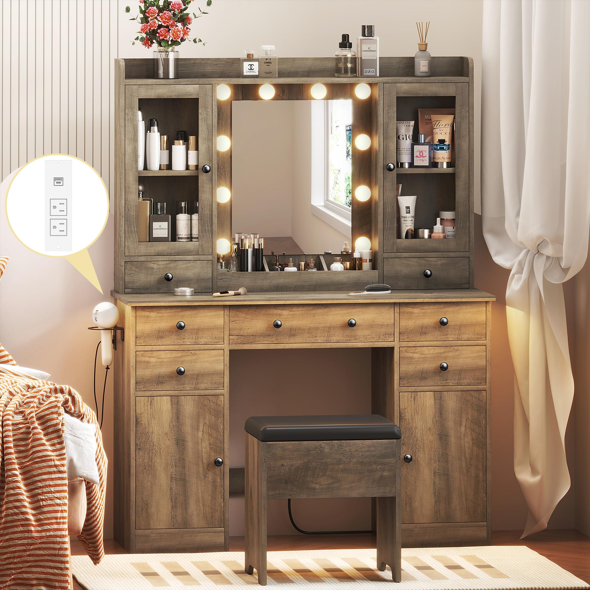 Vanity Desk with Mirror and Lights, Grey Vanity Mirror with Lights Desk and Chair & Charging Station, Farmhouse Makeup Vanity De