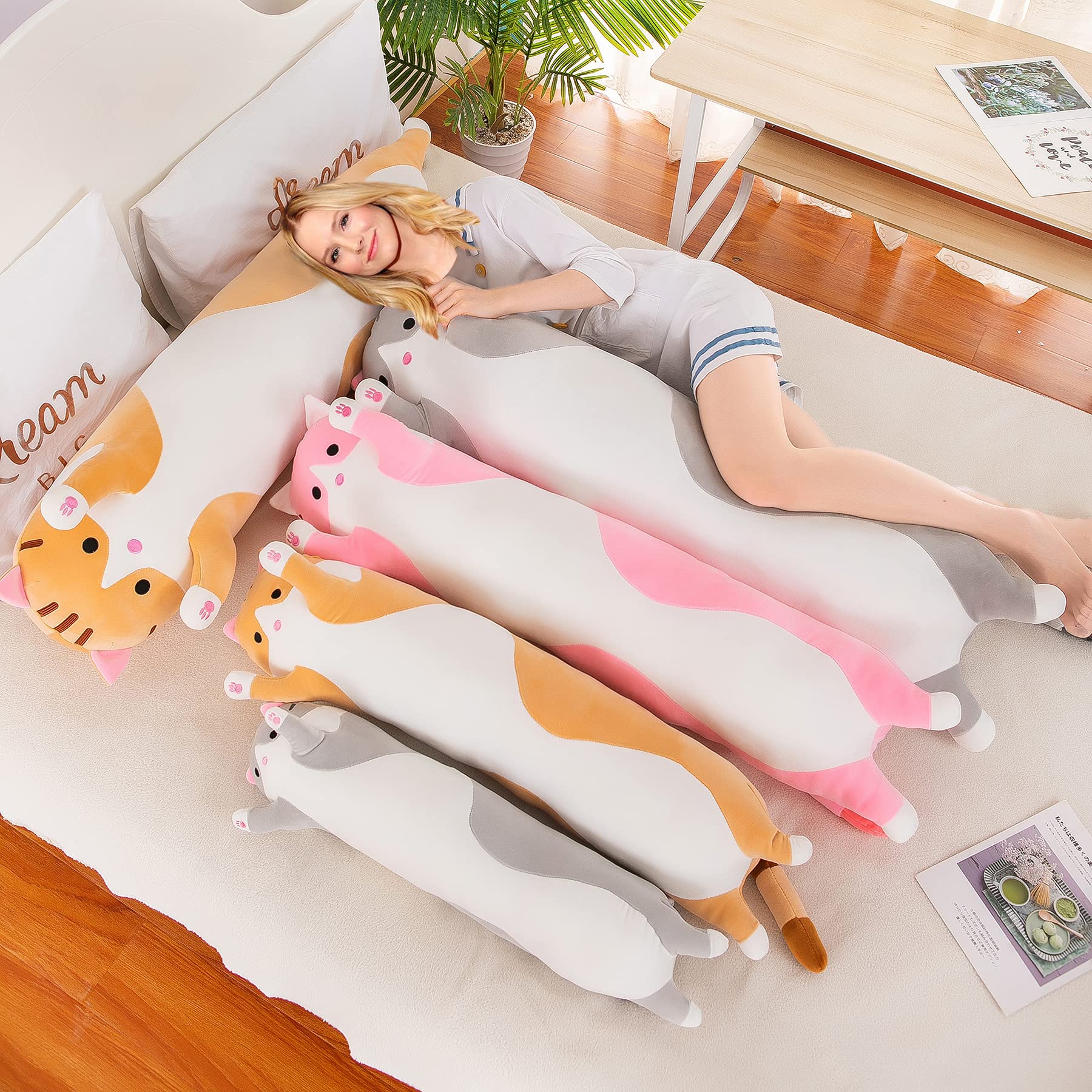 Snowolf Cute Cat Plush Long Body Pillow 51 Inch Cat Stuffed Animals Plushie Toy Soft Throw Sleeping Cotton Kitten Pillow Gift Fo