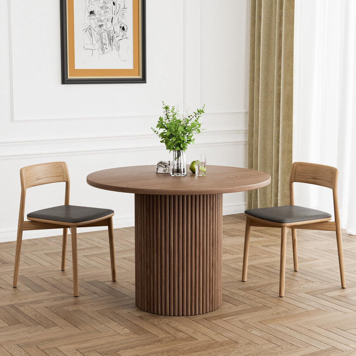 Rophefx Round Dining Table, 41.7' Modern Wood Kitchen Table For 4, Pedestal Circle Dining Tables, Fluted Dining Table For Leisu