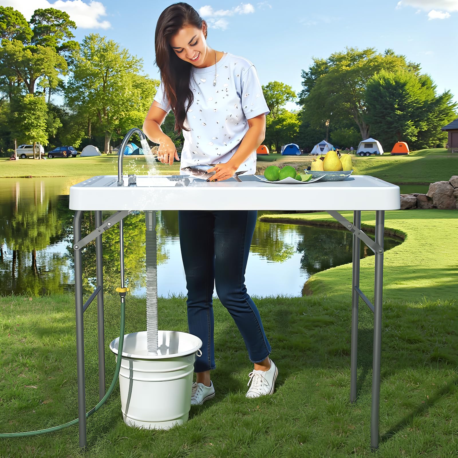IWDOO 42.5 Fish Cleaning Table with Sink, Folding Camping Table & Fish Cleaning Station with Measure Mark, Camping Sink with Hos