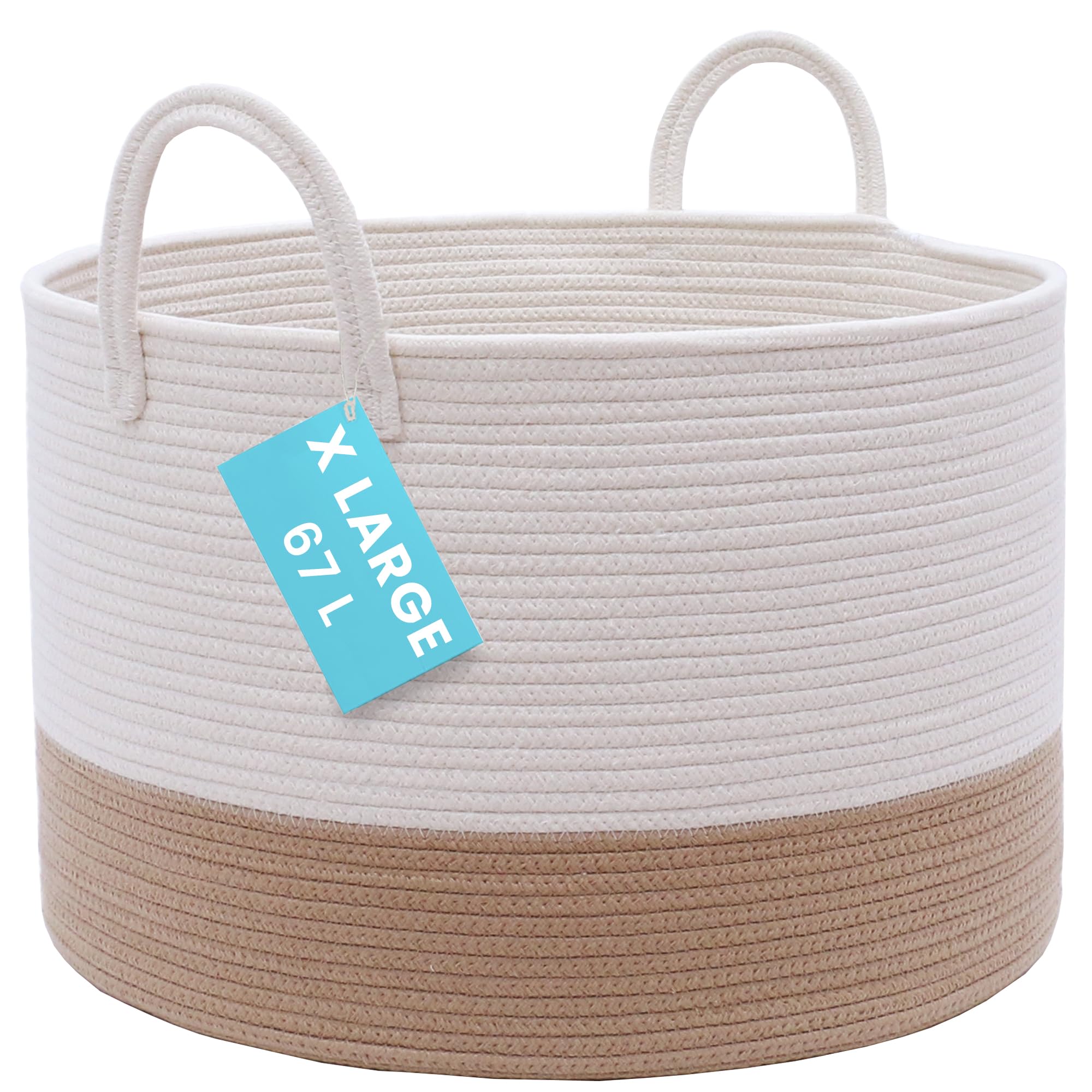 OrganiHaus Large Woven Storage Basket for Blankets and Toys 20 x 13 Inch, Rope Laundry Basket with Handles, Cushions & Pillows S