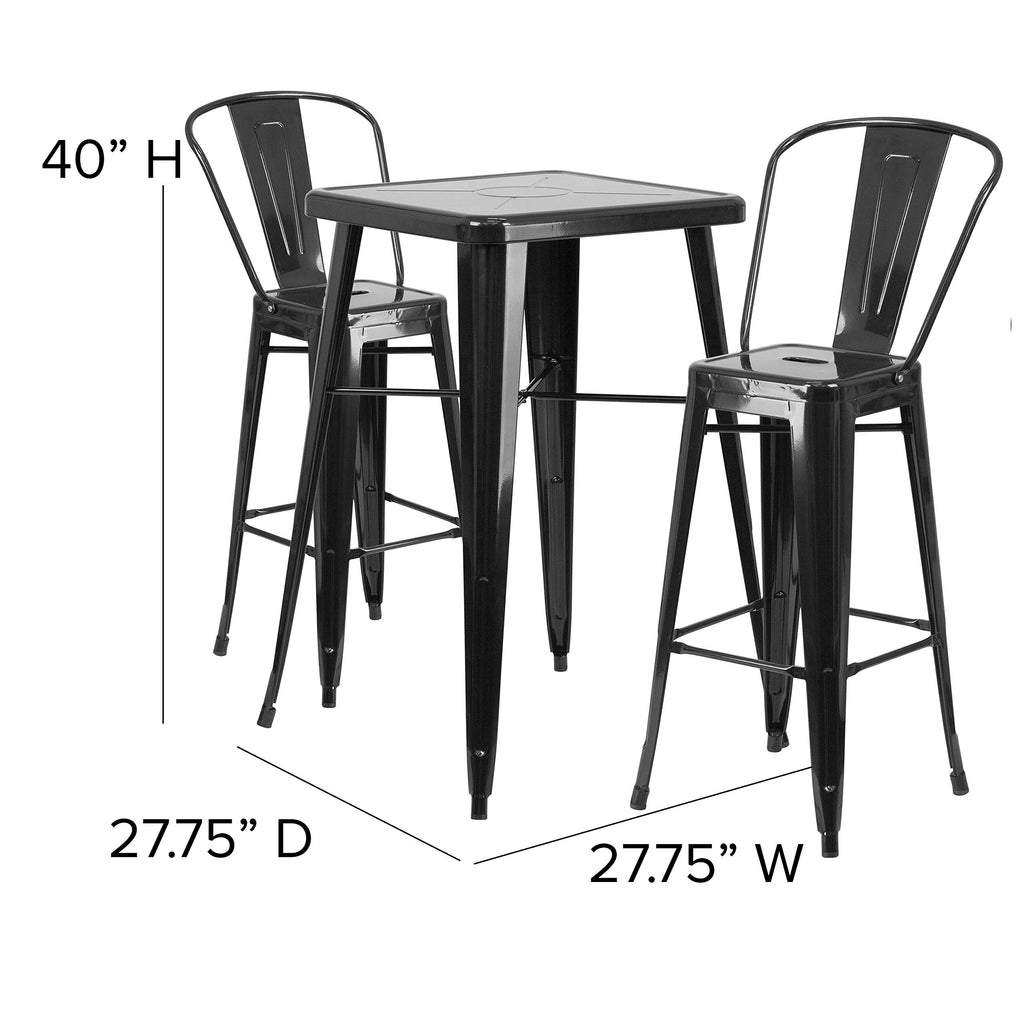 Flash Furniture Commercial Grade 23.75" Square Black Metal Indoor-Outdoor Bar Table Set with 2 Stools with Backs