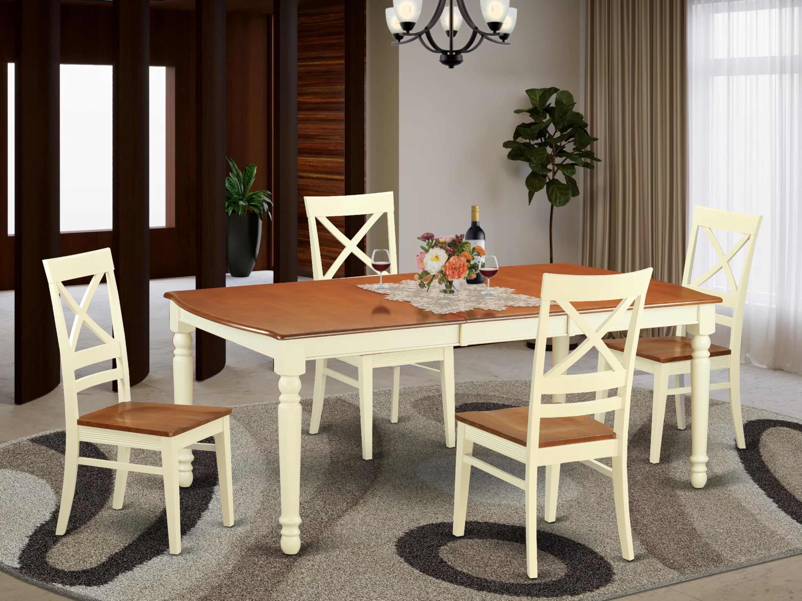 East West Furniture DOQU5-WHI-W 5 Piece Dining Room Table Set Includes a Rectangle Kitchen Table with Butterfly Leaf and 4 Dining Chairs, 42x78 Inch, Buttermilk & Cherry