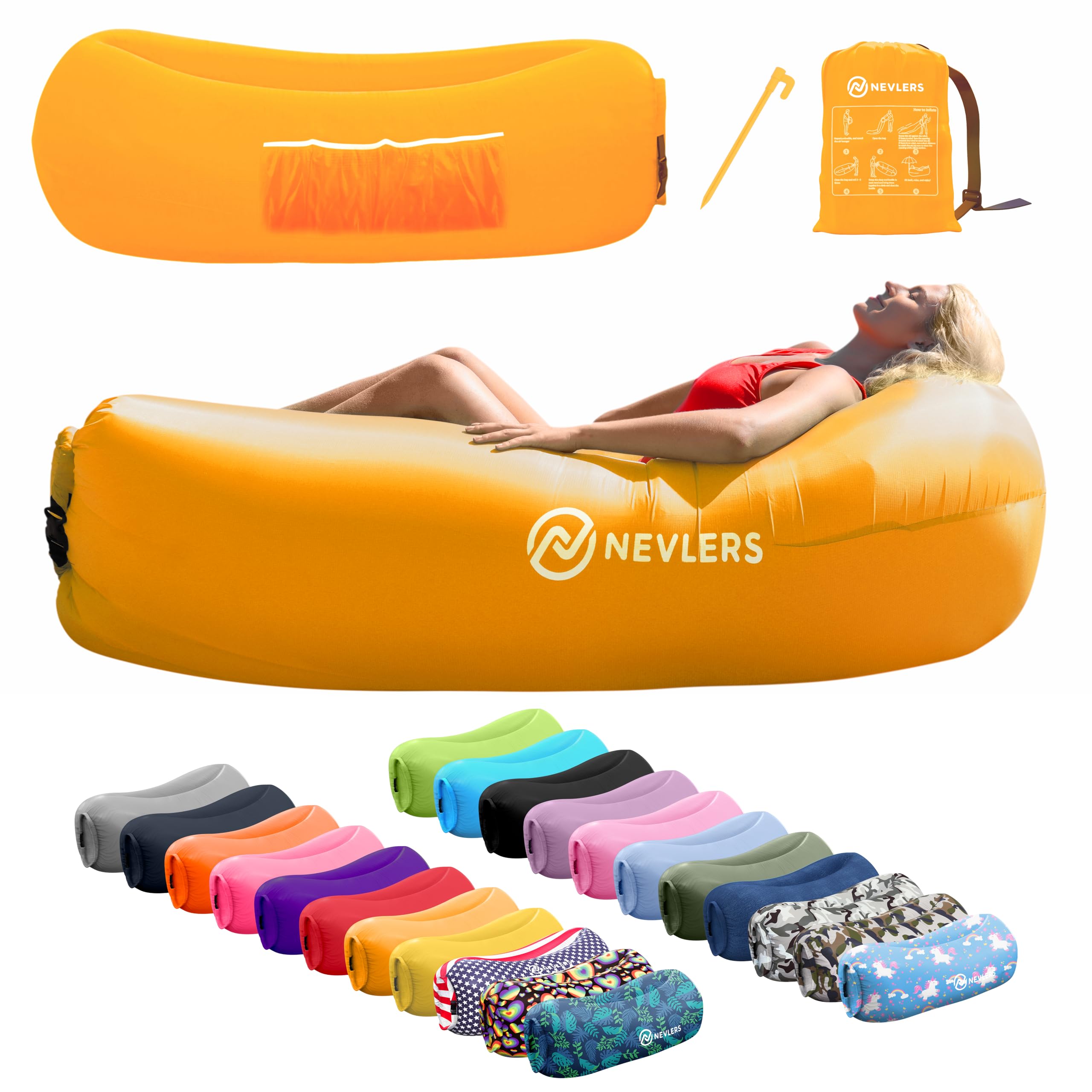 Nevlers Saffron Inflatable Lounger | 210T Polyester Inflatable Chair | No-Pump Inflatable Furniture | Camping Couch w/ 450lbs. C