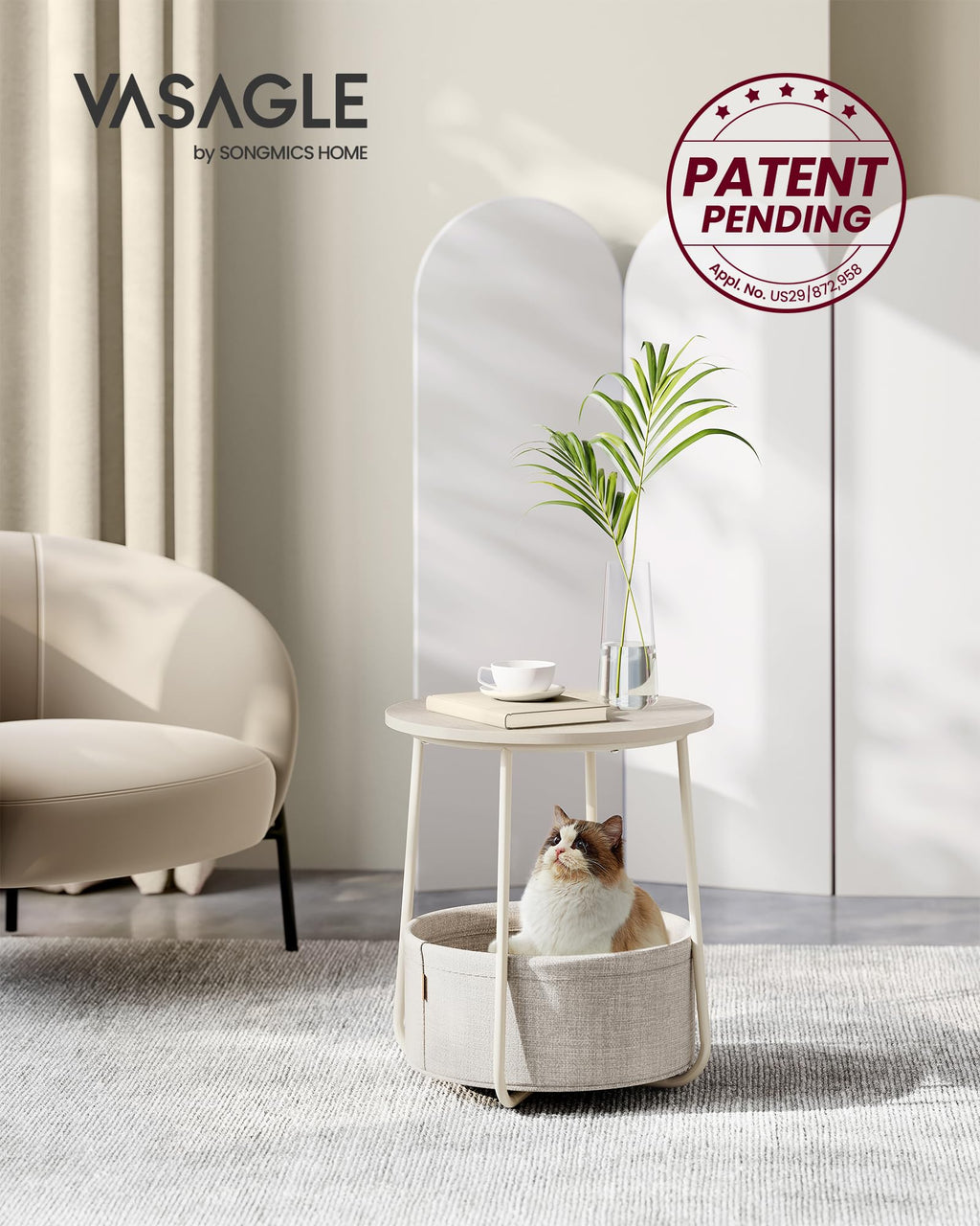Vasagle End Table, Small Bedside Table With Fabric Basket, Modern Nightstand, Round Side Table, For Living Room, Bedroom, Cream White Ulet223K67
