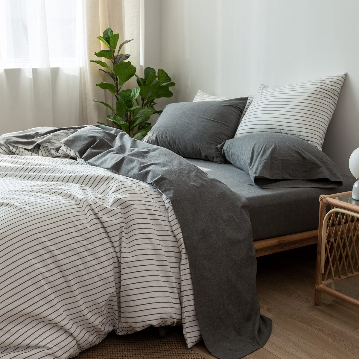 Moomee Bedding Sheet Set 100% Washed Cotton Linen Like Textured Breathable Durable Soft Comfy (Dark Grey, King)
