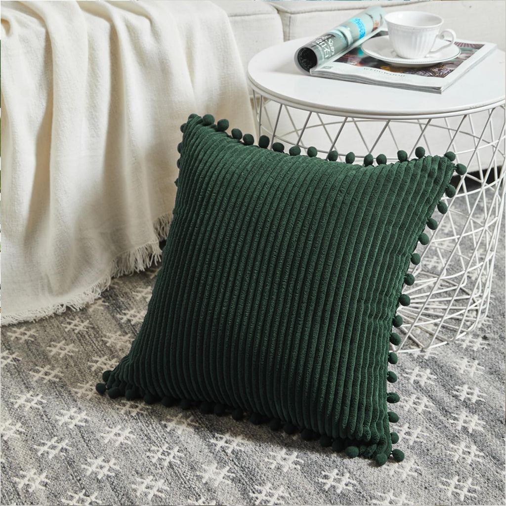 Fancy Homi Set Of 2 Dark Green Boho Decorative Throw Pillow Covers 18X18 Inch With Pom-Poms For Living Room Couch Bed Sofa Bedro
