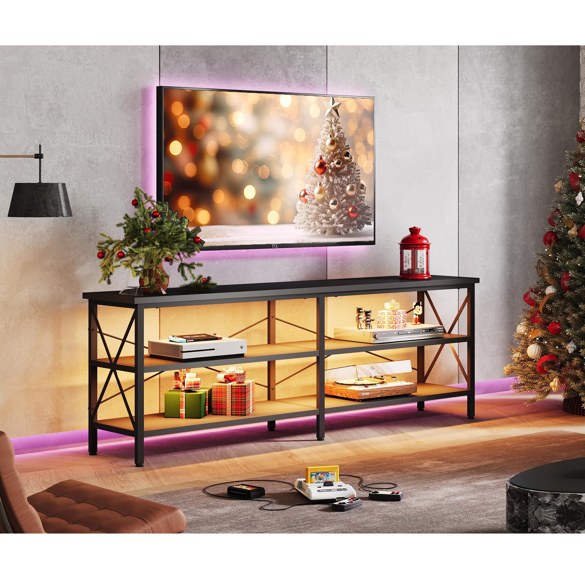 Wlive Tv Stand Up To 70 Inch Tv, 63' Entertainment Center With Led, Tv Media Console With 3-Tier Storage Shelves For Living Room And Bedroom, Black