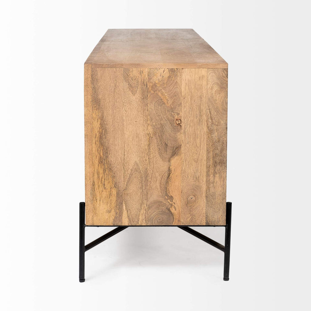 HomeRoots Indian Mango Wood Brown Solid Mango Wood Finish Sideboard with 4 Cabinet Doors