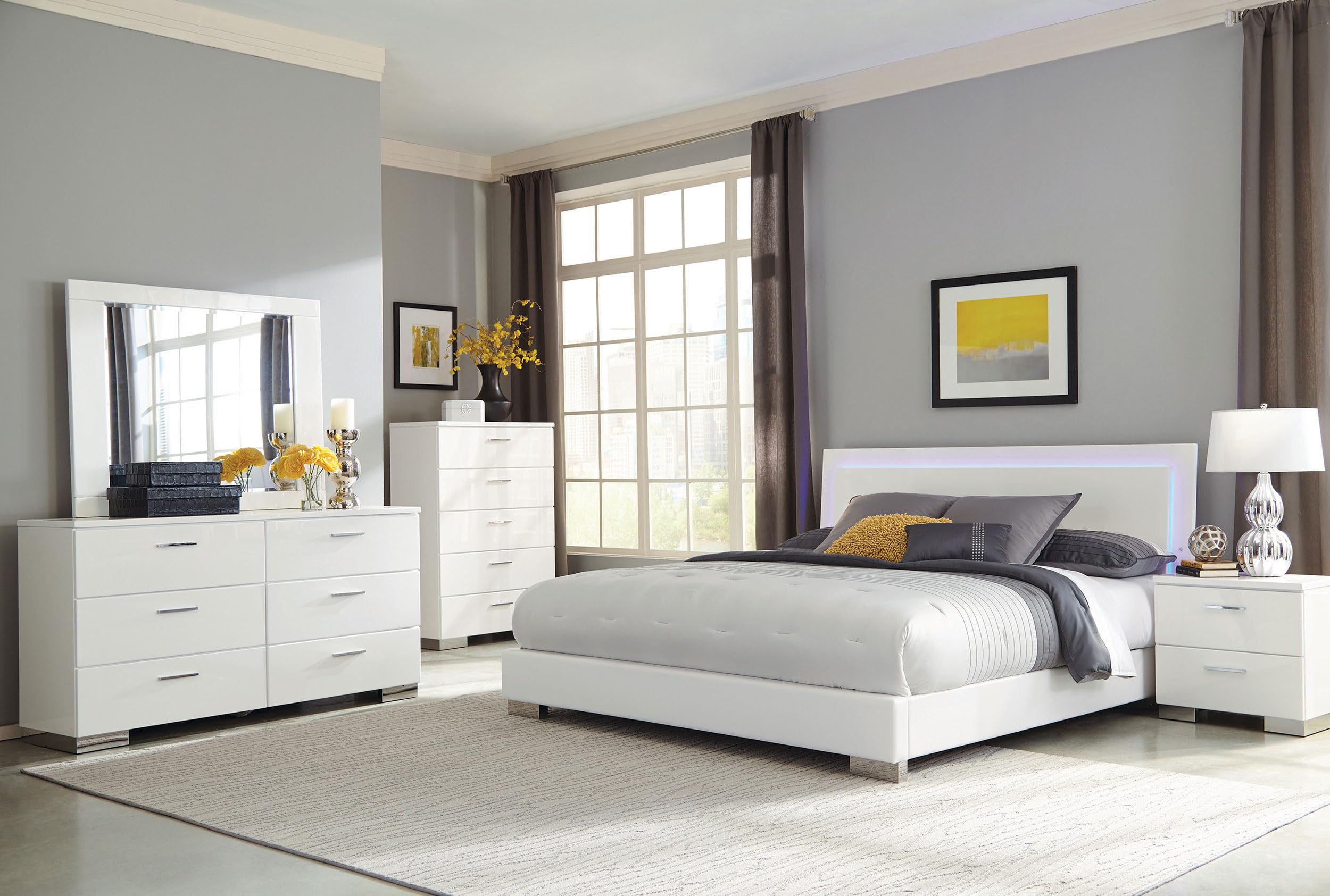 Coaster Home Furnishings Felicity Contemporary 6-Piece Bedroom Set California King Size LED Panel Bed Frame 49-inch Headboard White High Gloss 203500KW-S6