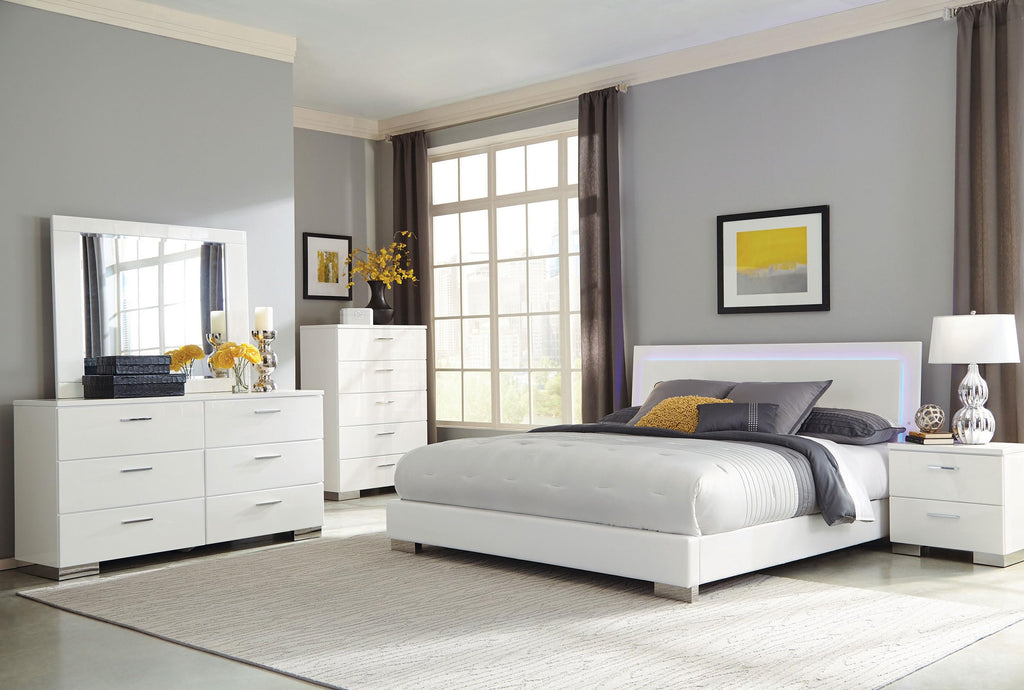 Coaster Home Furnishings Felicity Contemporary 6-Piece Bedroom Set Queen Size LED Panel Bed Frame 49-inch Headboard White High Gloss 203500Q-S6