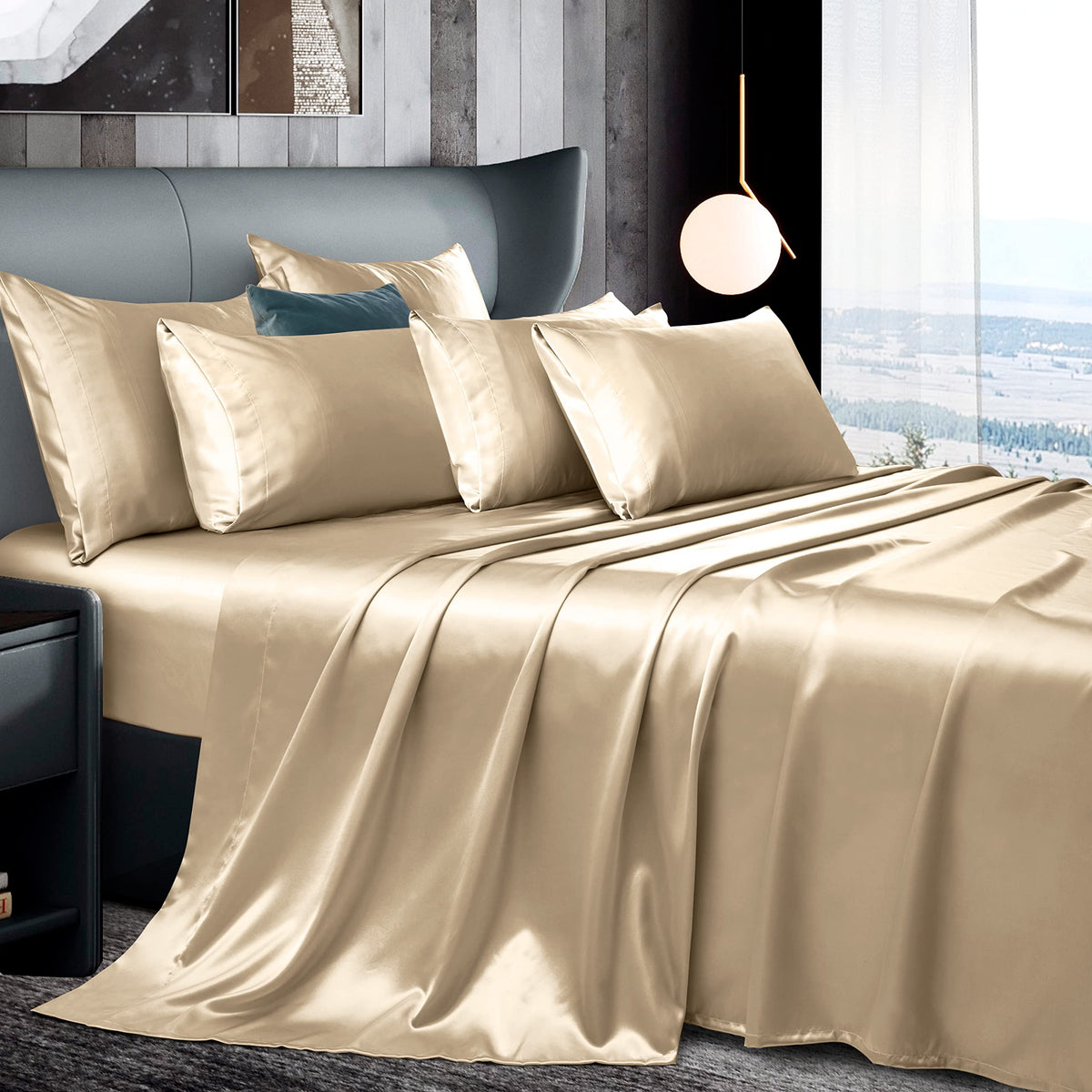 Manyshofu 7Pcs Beige Satin Sheets California King Silky Satin Bed Sheets Set, Luxurious & Soft Satin Bedding Set - 1 Satin Fitte