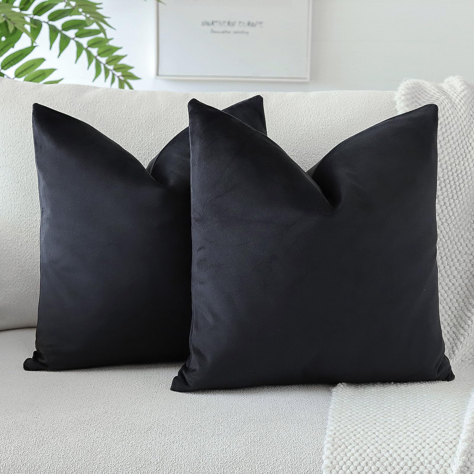 Otostar Velvet Soft Decorative Throw Pillow Covers 24 X 24 Inch Solid Square Cushion Case Home Decor Pillow Covers For Couch Sofa Living Room Bedroom Decorative Pillowcases Set Of 2 (Black)