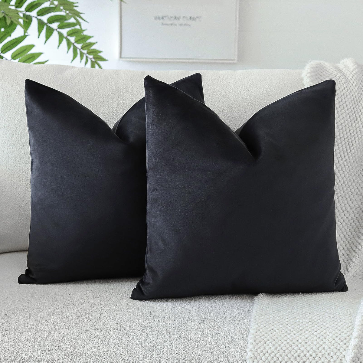 Otostar Decorative Throw Pillow Covers 16 X 16 Inch Soft Velvet Cushion Covers Solid Square Throw Pillow Cases For Couch Bed Home Sofa Car Decor Set Of 2 (Black)