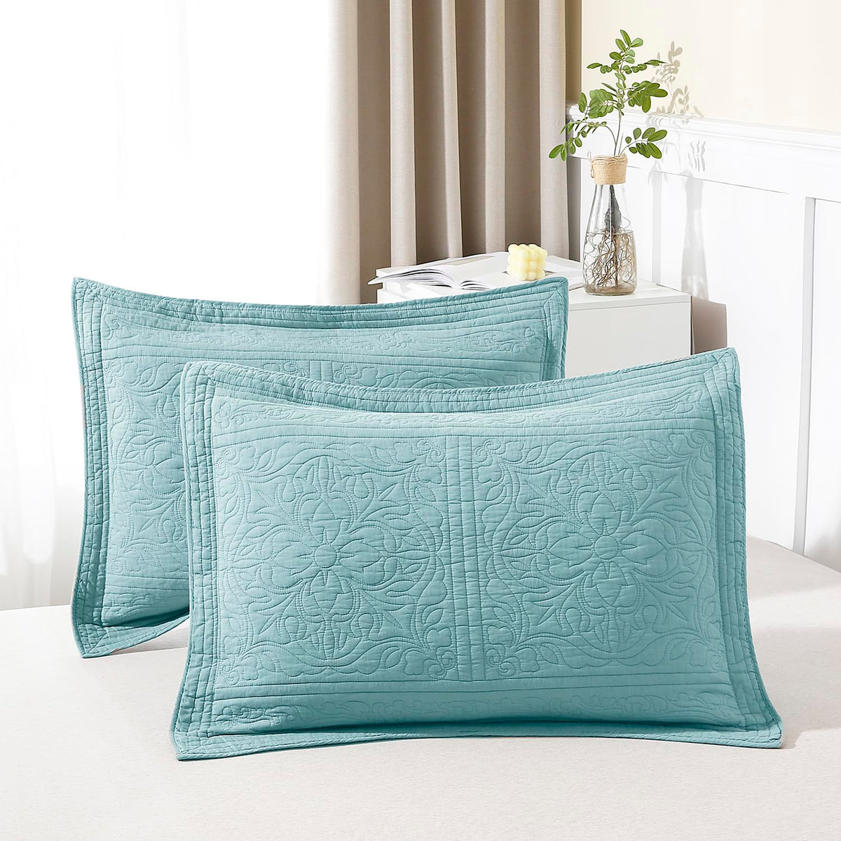 Winlife 100% Cotton Quilted Pillow Sham Floral Printed Pillow Cover (King, Aqua Blue)