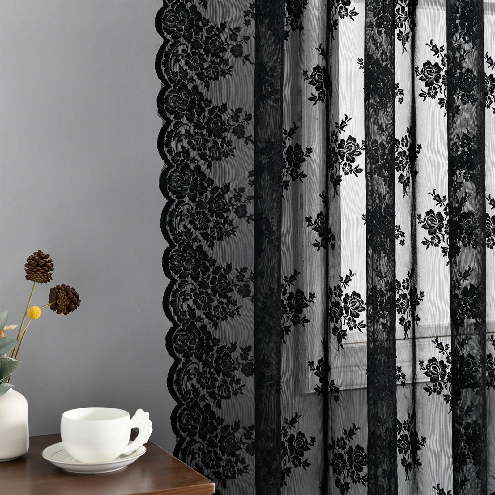 Kotile Black Lace Curtains 63 Inch Length 2 Panels, Country Rustic Floral Gothic Sheer Curtains For Halloween, Rod Pocket Vintag