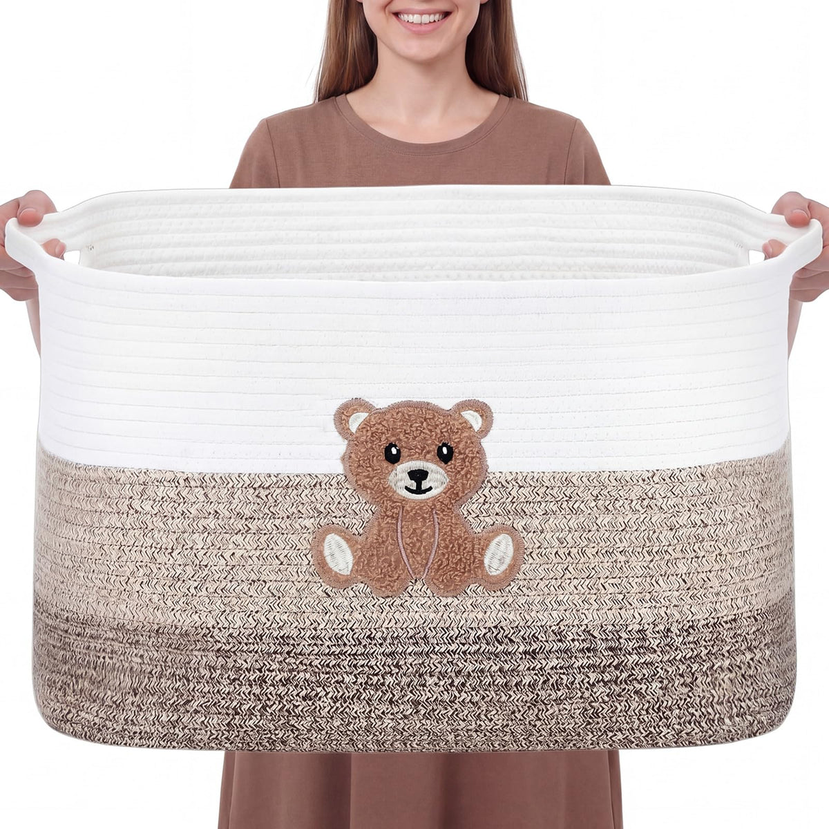 Ferrochef Extra Large Blanket Basket 65L Little Bear Rectangle Woven Storage Basket with Handle for Storing Dirty Clothes Stuffe