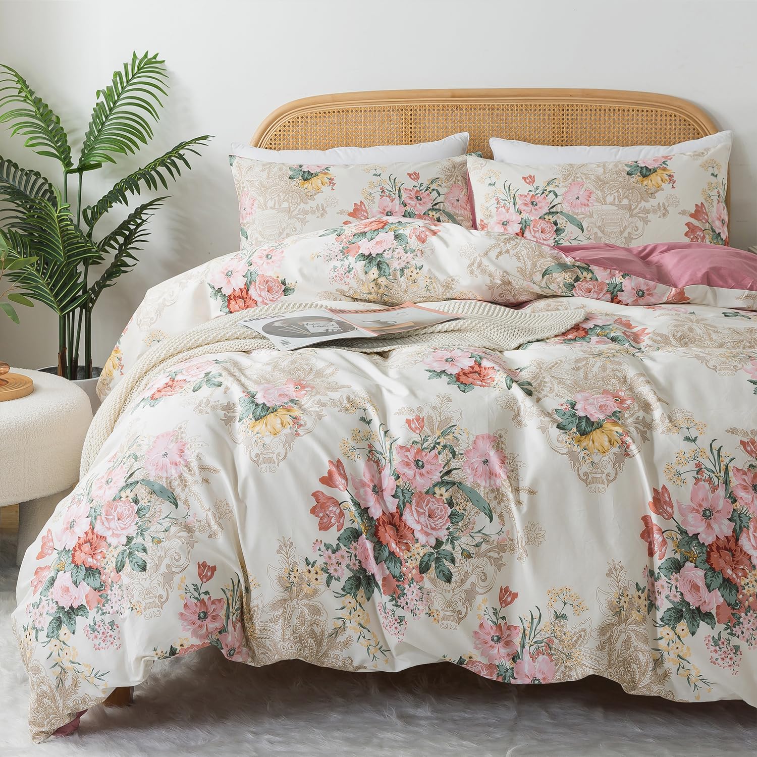 Zusbest Shabby Floral Duvet Cover Set Queen Size 100% Cotton Pink Flower Bedding Retro Blush Gold Printed Zipper Comforter Cover