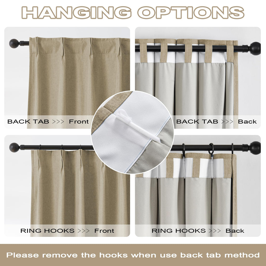 Dualife Taupe Blackout Pinch Pleated Curtains For Bedroom 120 Inch Length, Linen Blended Farmhouse 100% Blackout Thermal Insulat