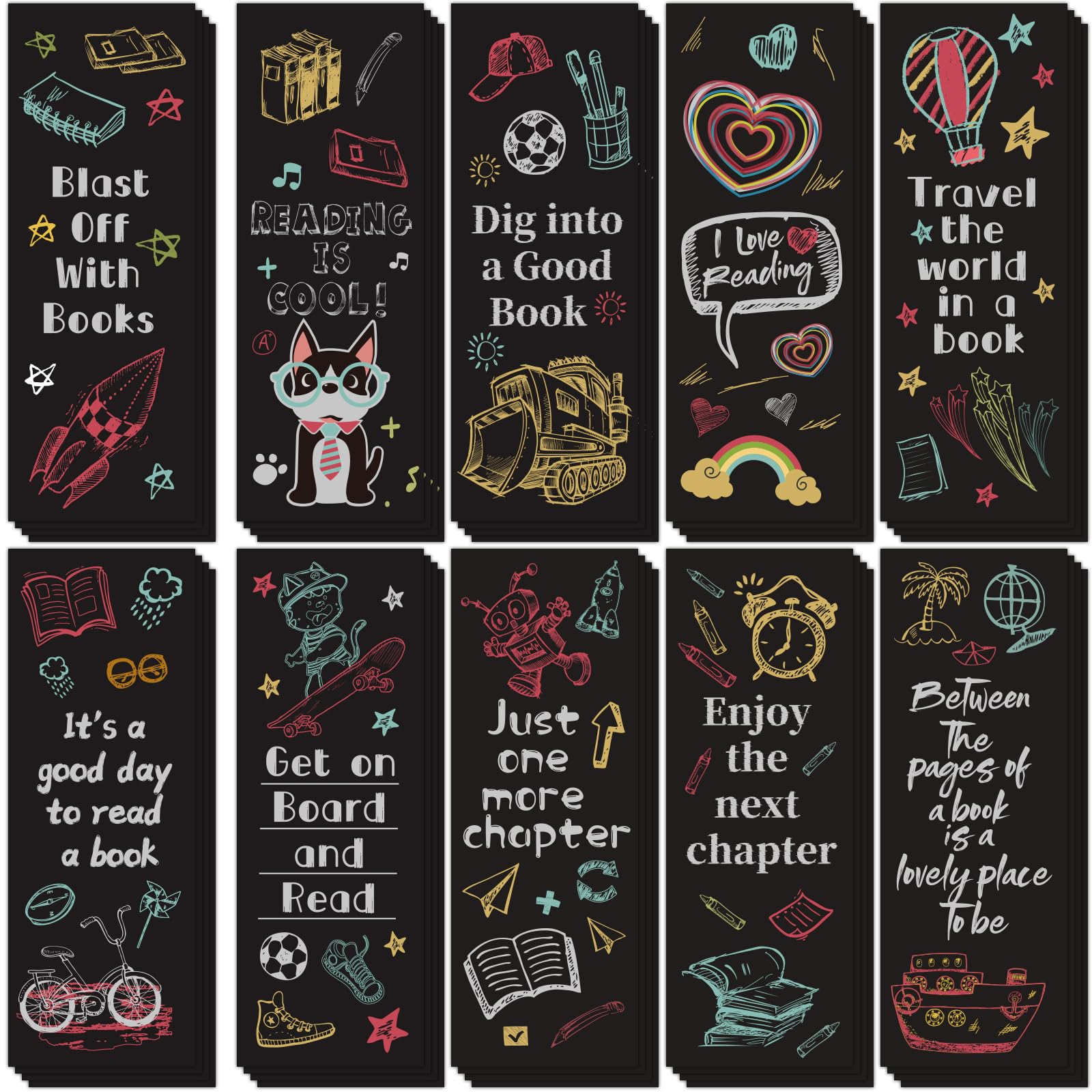 Liyiq 100 Pcs Reading Rocks Bookmarks Rockets Design Bookmarks 7  2.5-Inch Double-Sided Bookmarks For Book Lovers Cute Bookmarks