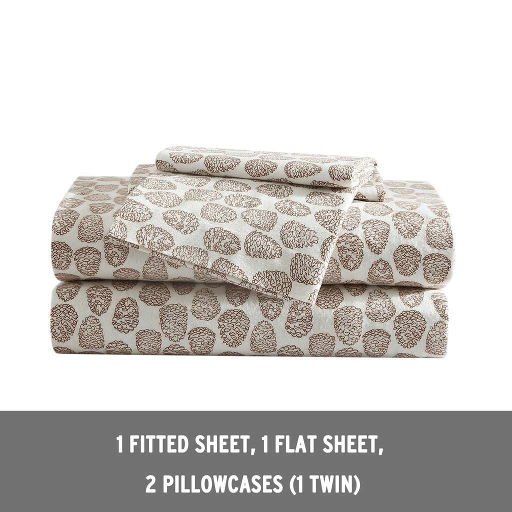 Eddie Bauer - Twin Sheets, Cotton Flannel Bedding Set, Brushed For Extra Softness, Cozy Home Decor (Little Creek Pine Cone Beige, Twin)
